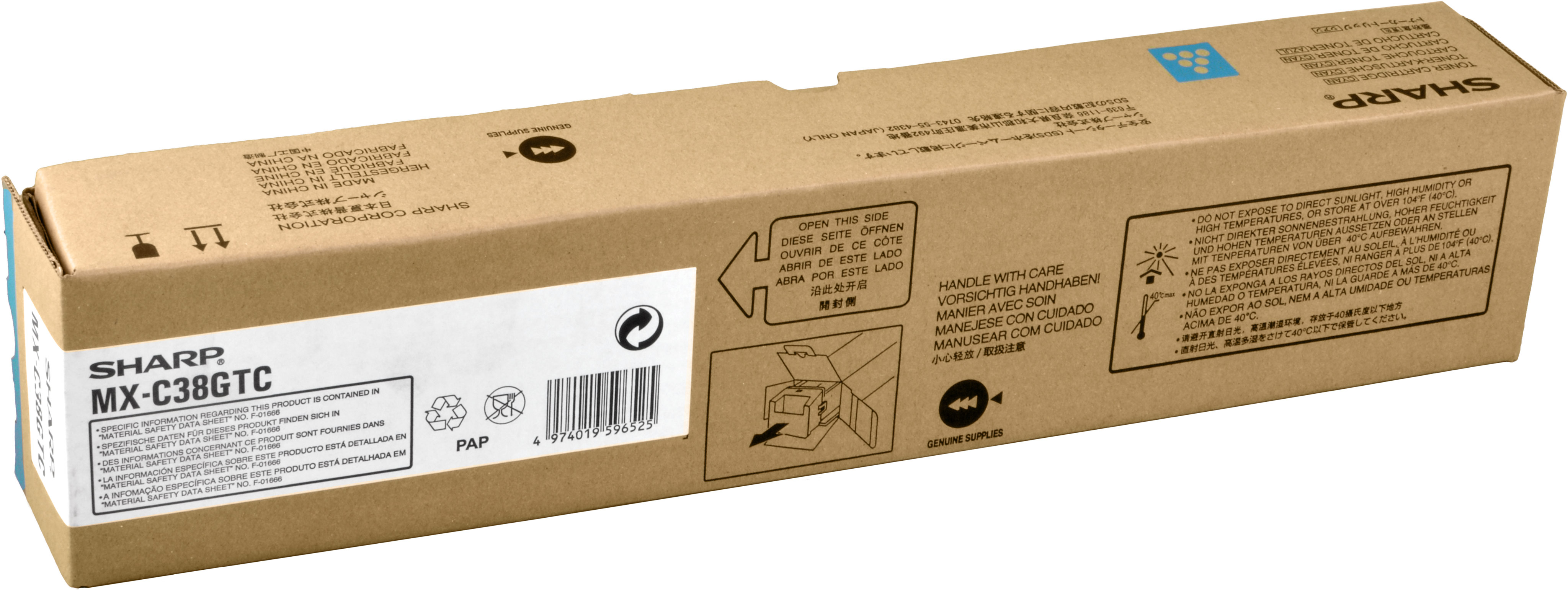 Scatola marrone con dettagli blu. Contiene una cartuccia toner Sharp MX-C38GTC.