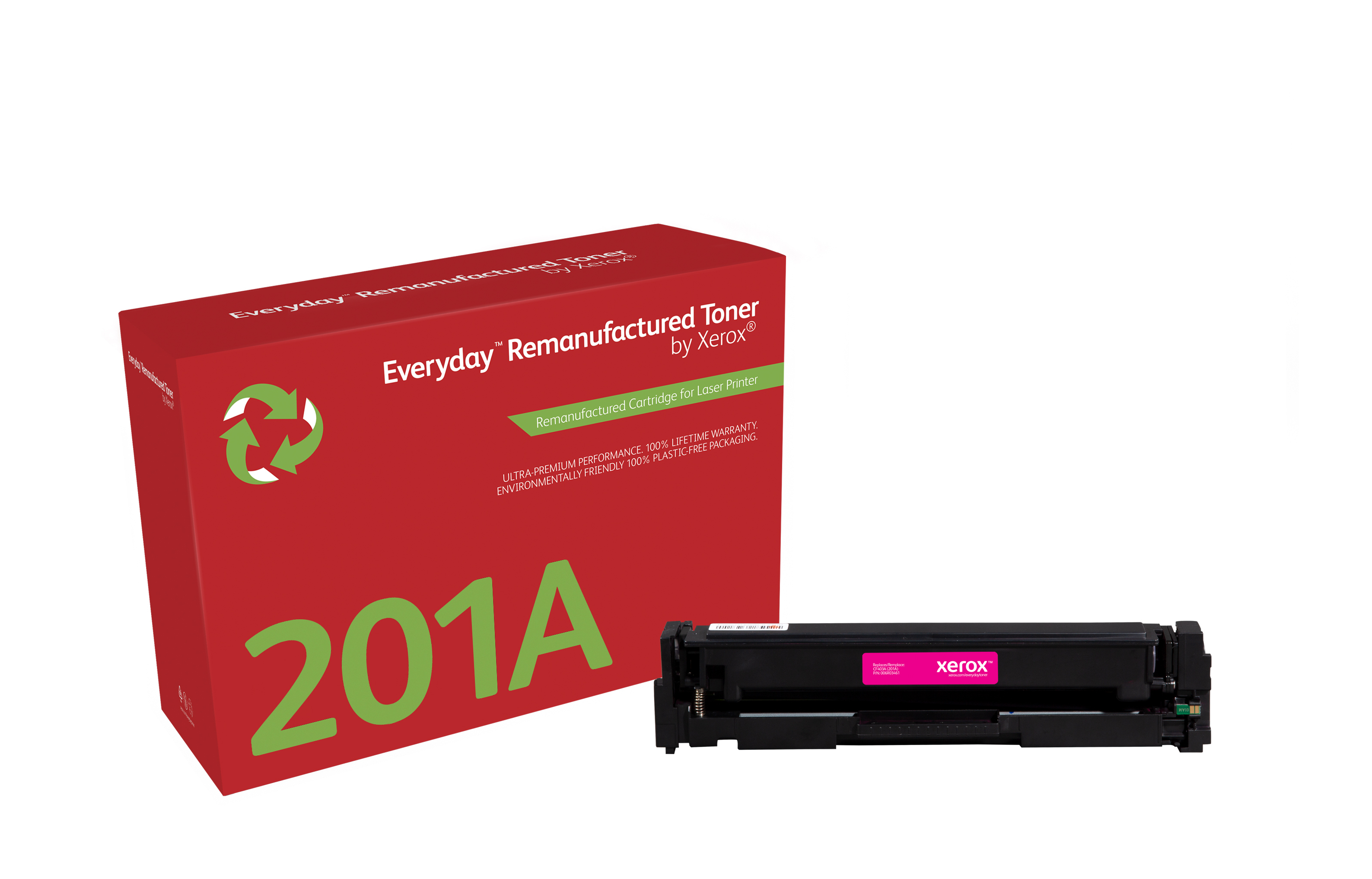 Czerwone pudełko z 'Everyday Remanufactured Toner' i magenta toner.