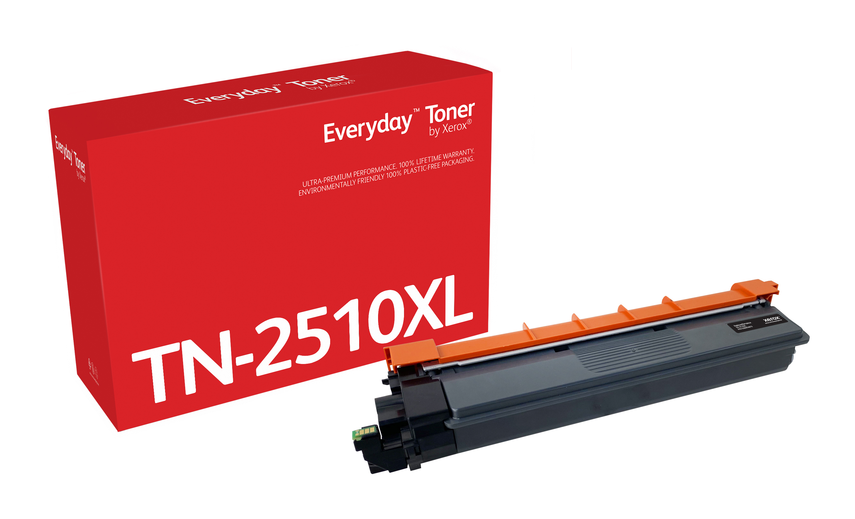 Czerwone pudełko i czarny toner. Zawiera Everyday Toner by Xerox TN-2510XL.