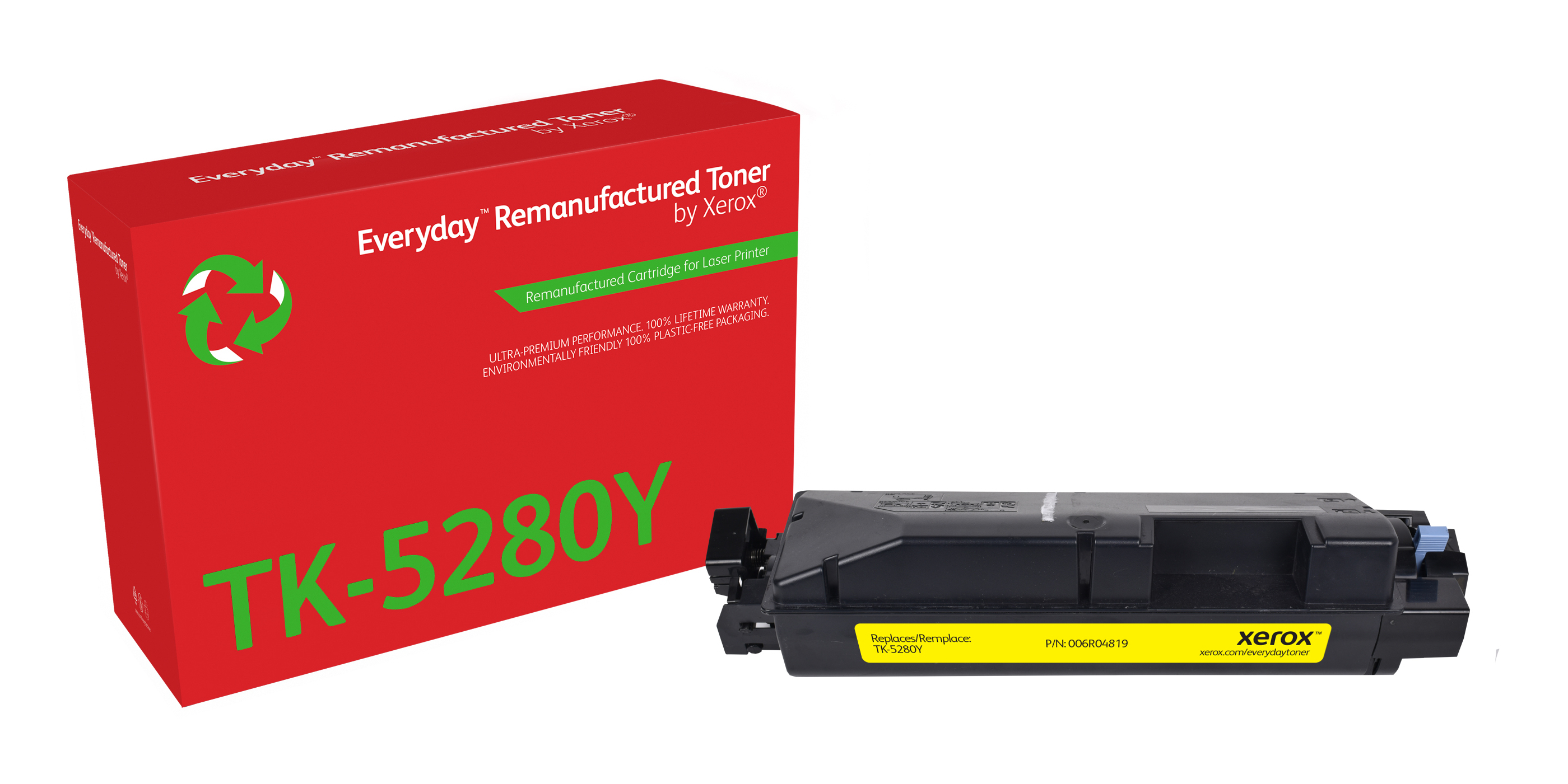 Czerwone pudełko i czarny wkład z tonerem. Na pudełku napis Everyday Remanufactured Toner by Xerox.