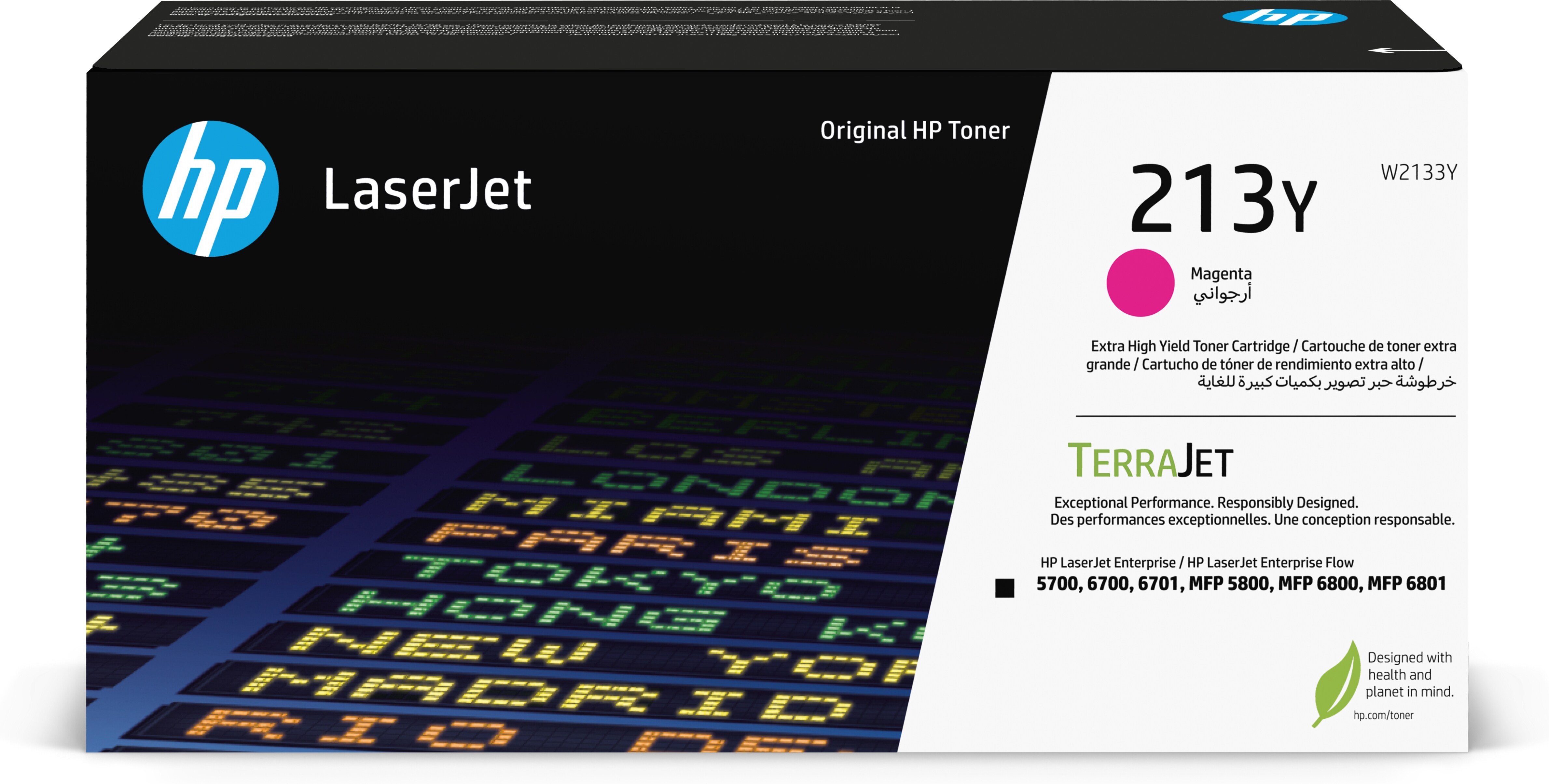 Scatola del toner HP LaserJet. Mostra una cartuccia toner magenta, un display di destinazione città e il logo HP.