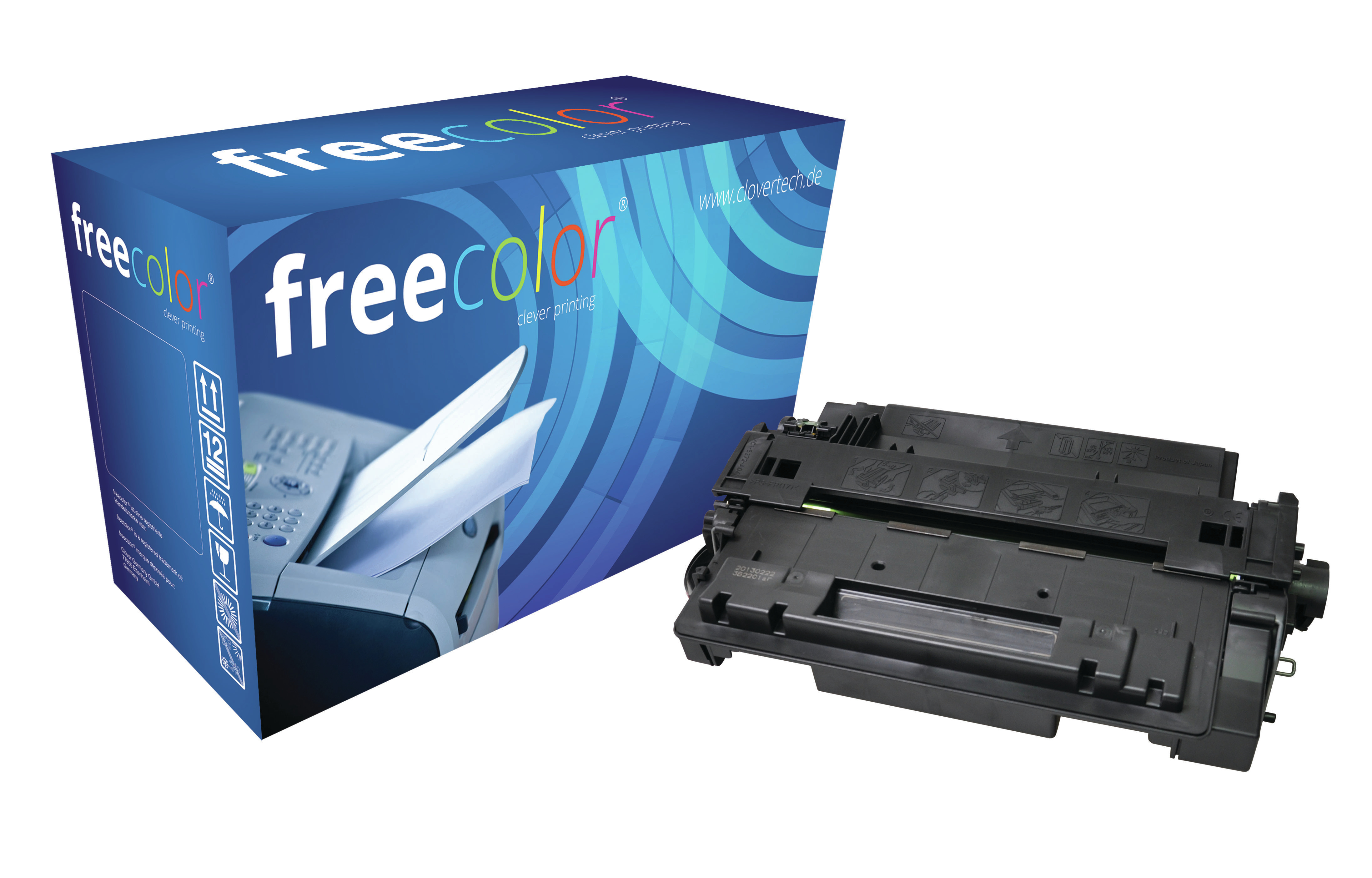 Una caja azul y un cartucho de tóner negro. La caja tiene 'freecolor'. El cartucho está a la derecha.