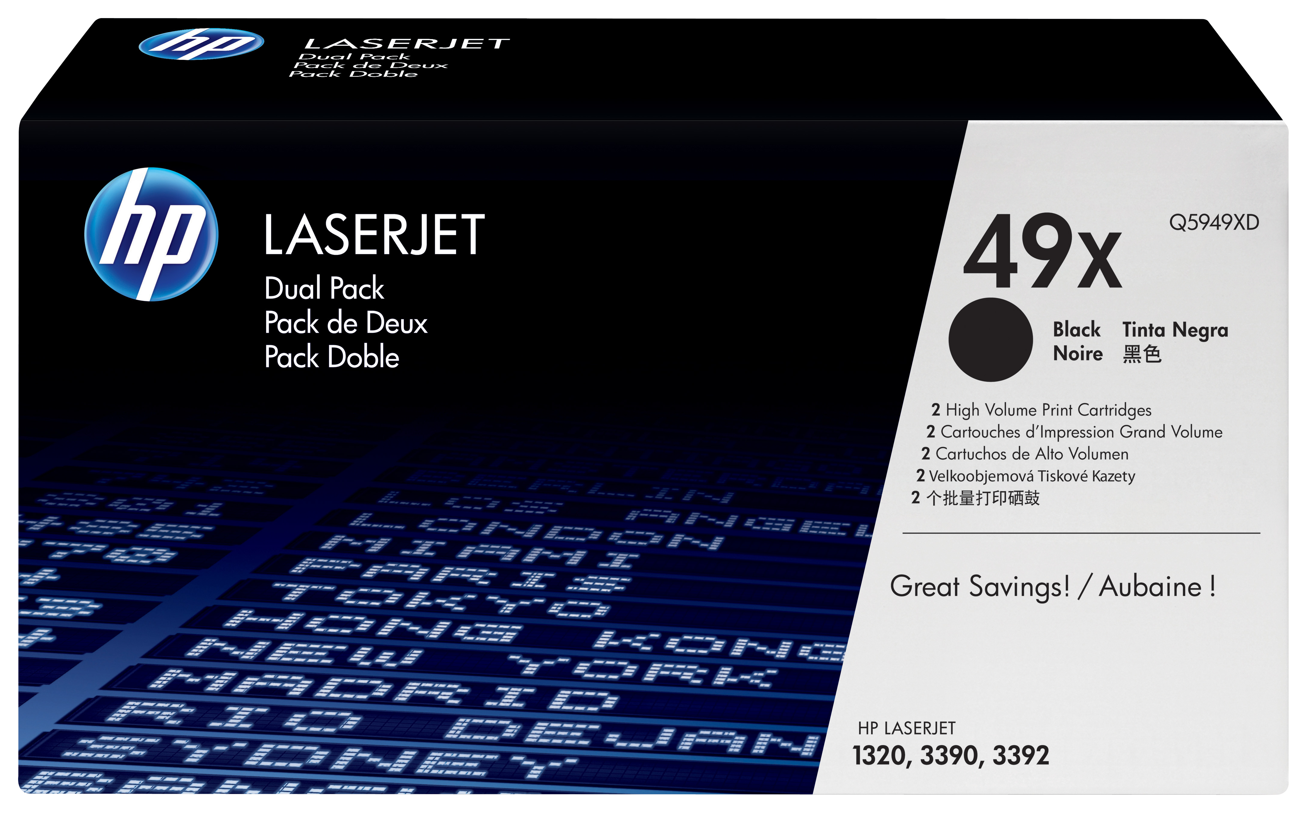 Scatola toner HP Laserjet a doppia confezione. Scatola nera con sfondo mappa del mondo.