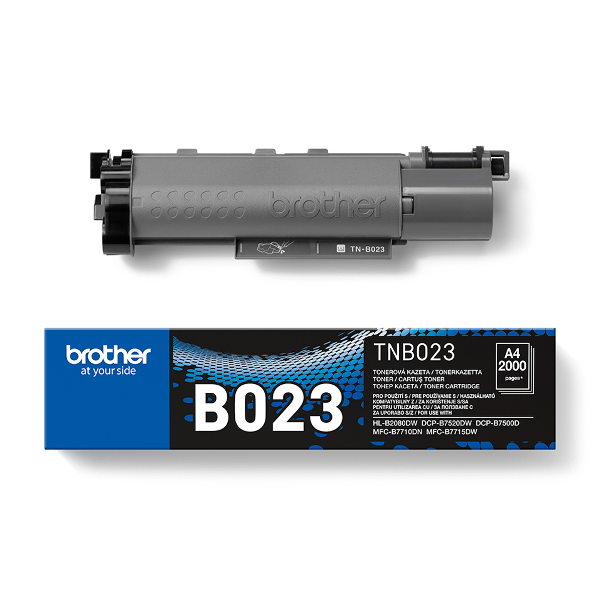 Una cartuccia toner grigia con 'brother' e una scatola sotto con 'B023' a caratteri grandi.
