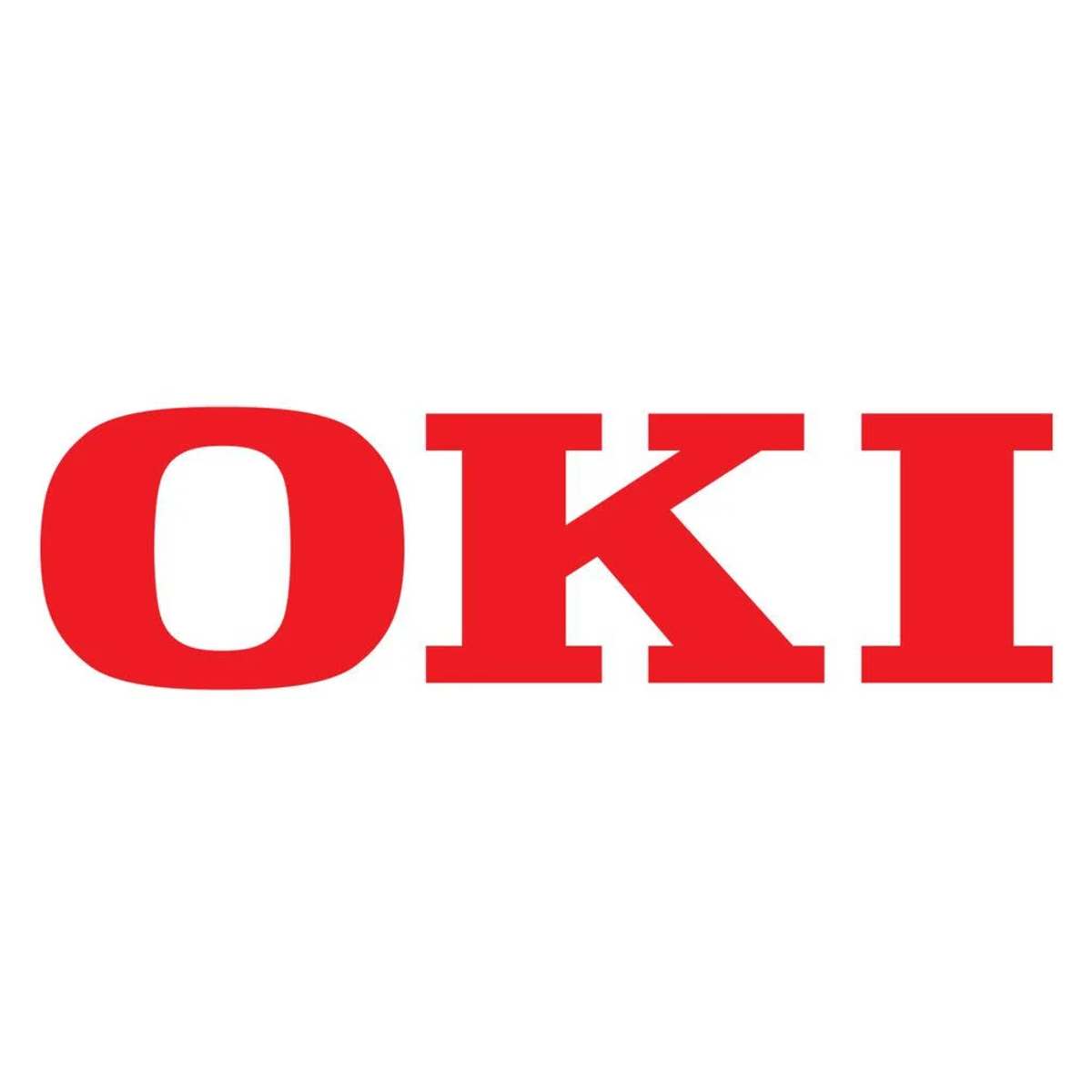 Czerwone logo OKI na białym tle.