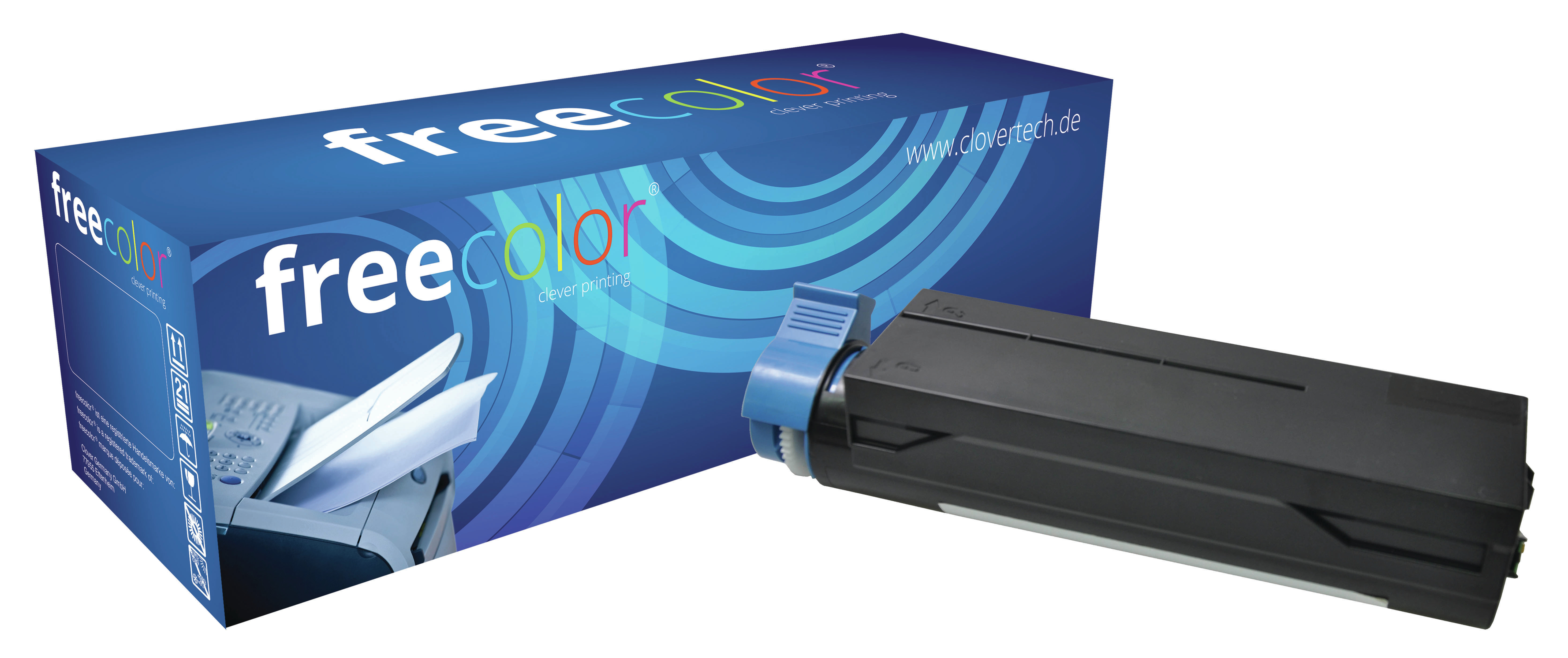 Niebieskie pudełko i czarny toner. Na pudełku napis 'freecolor'. Toner po prawej.