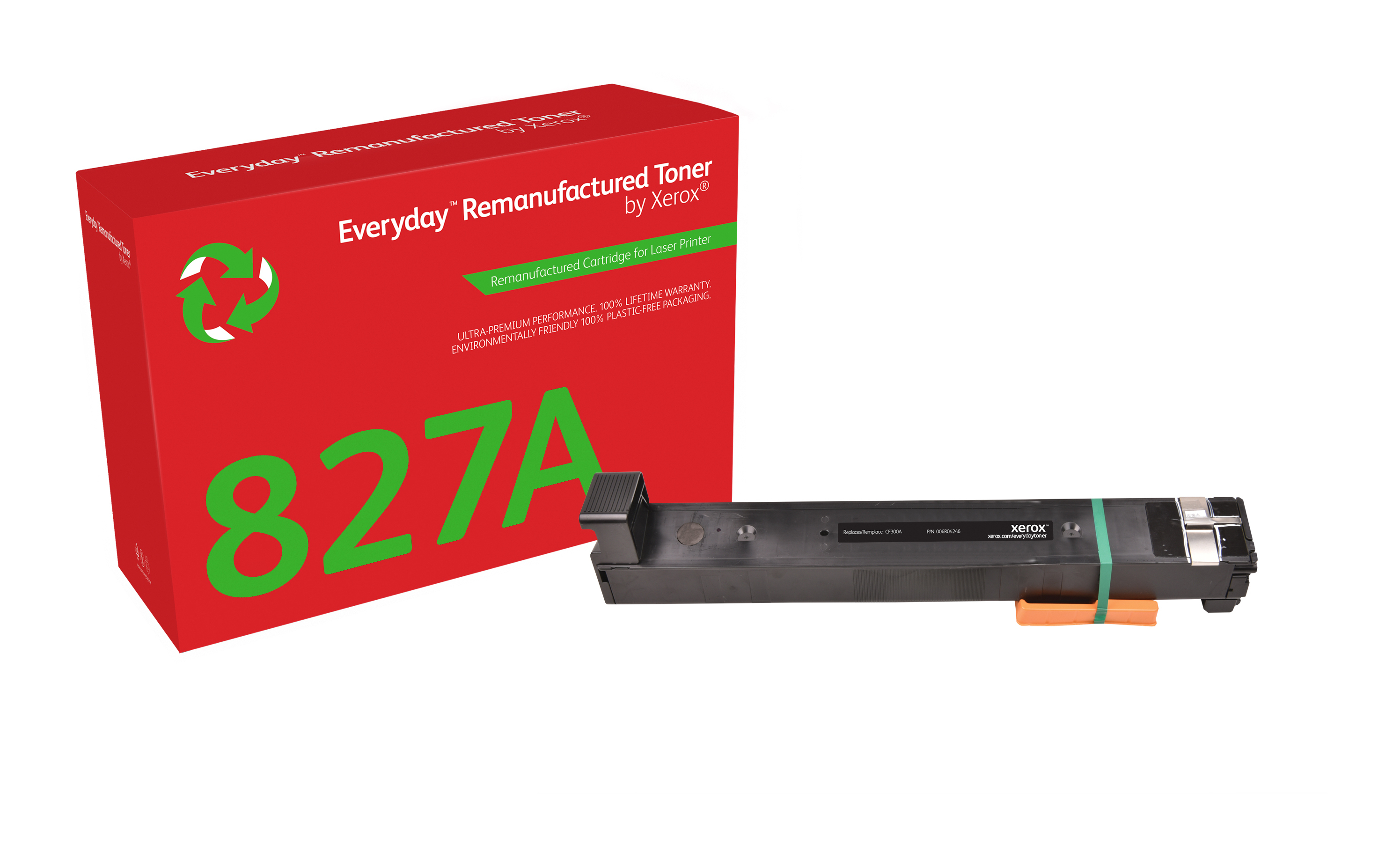 Scatola rossa e una cartuccia toner nera. La scatola dice Everyday Remanufactured Toner by Xerox.