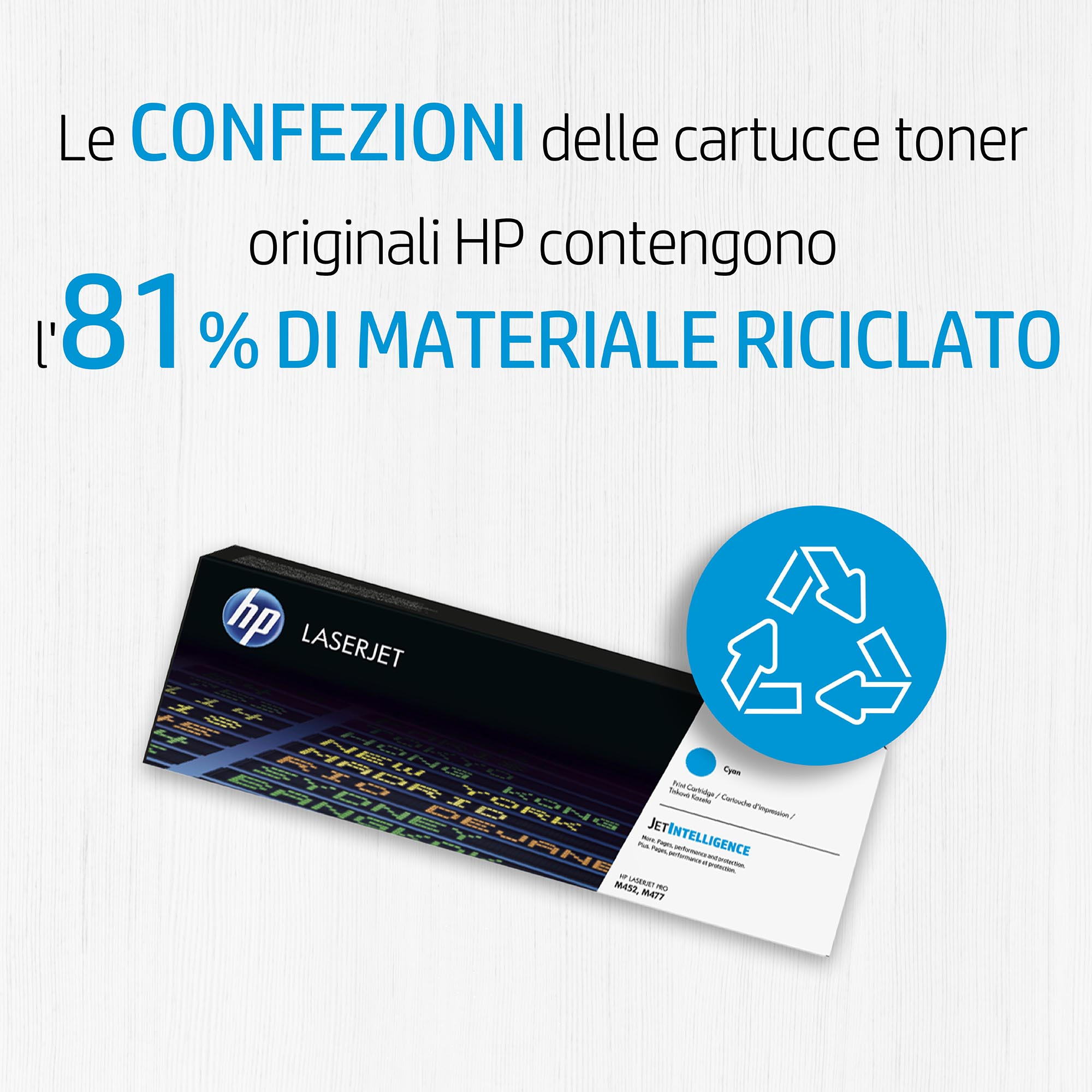Eine HP-Tonerpatrone mit Recycling-Logo und Text '81% recyceltes Material'.