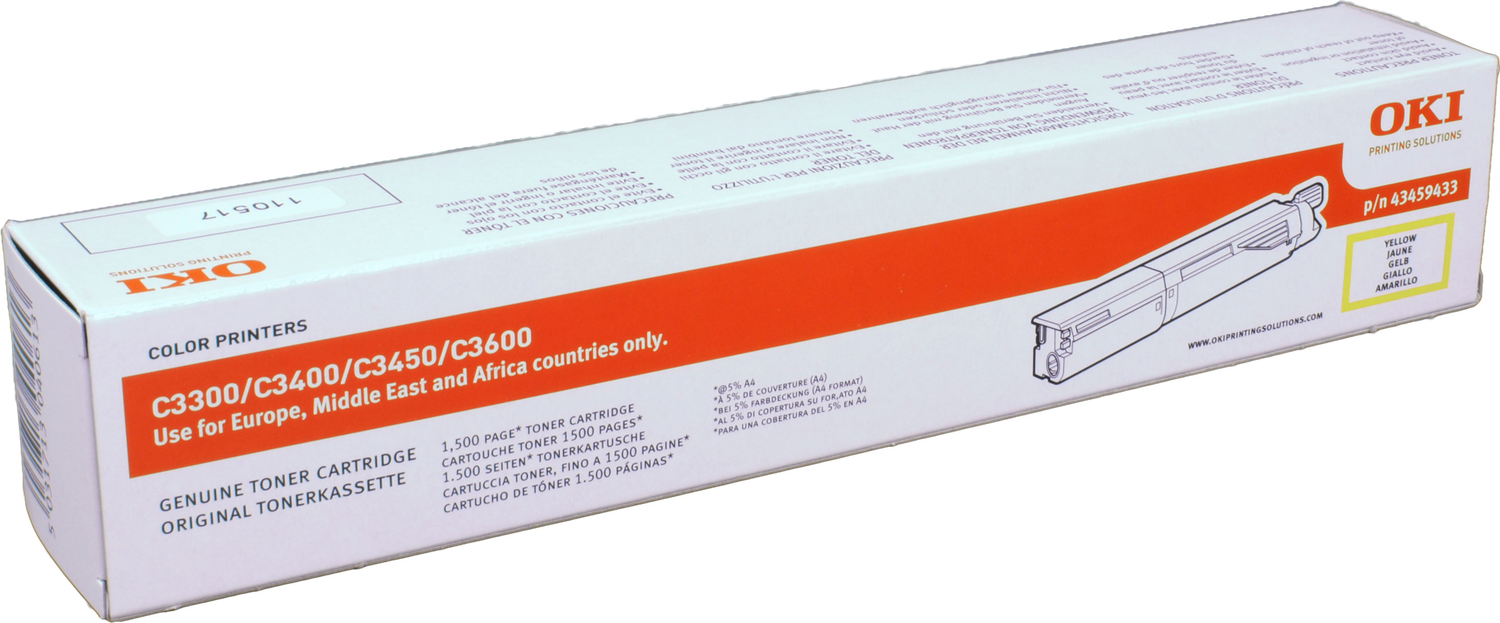 Scatola bianca e cartuccia toner. Il testo sulla scatola dice OKI e C3300/C3400/C3450/C3600.