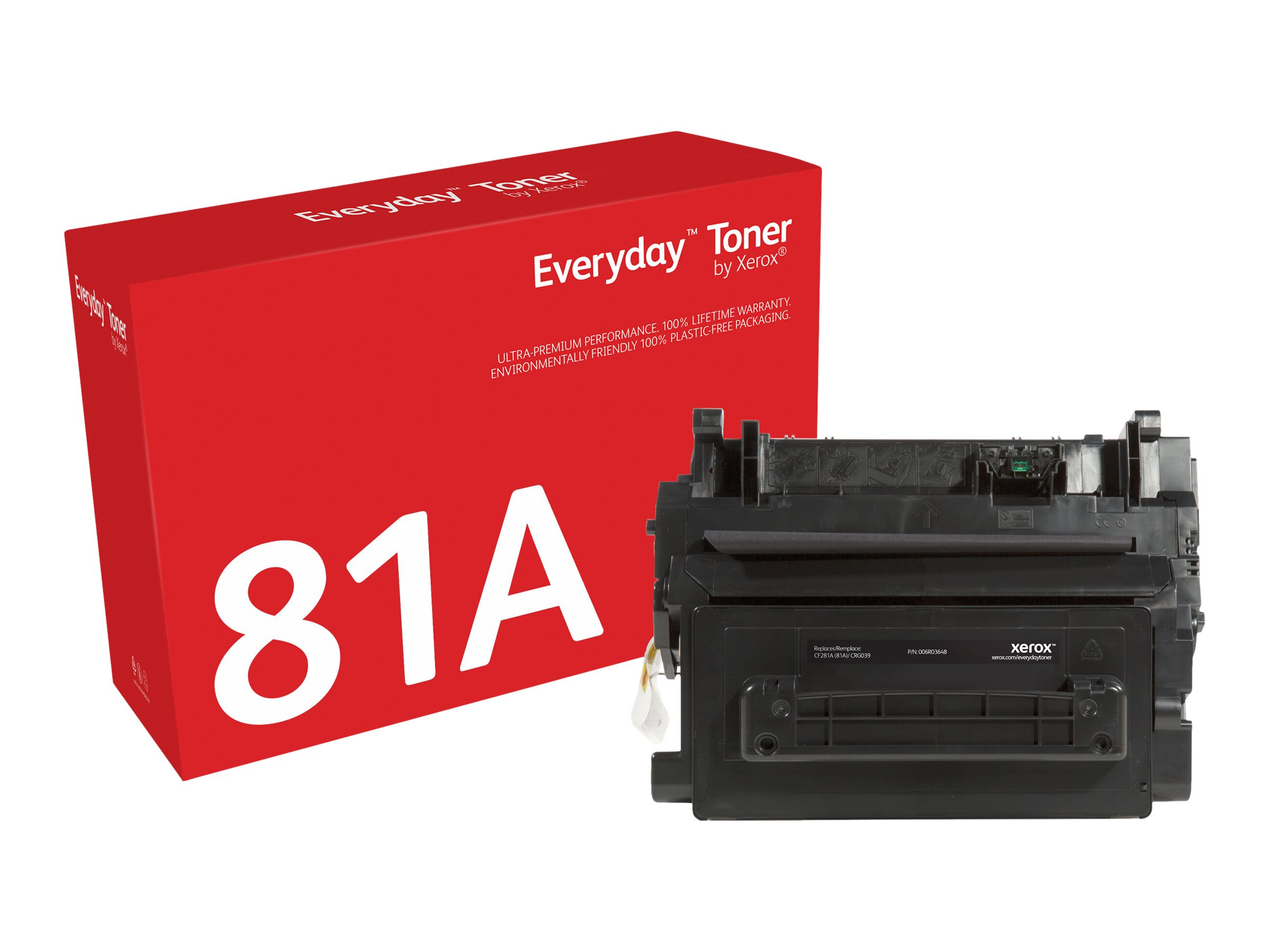 Toner Xerox 81A i pudełko. Pudełko jest czerwone z etykietą 81A i marką Xerox.