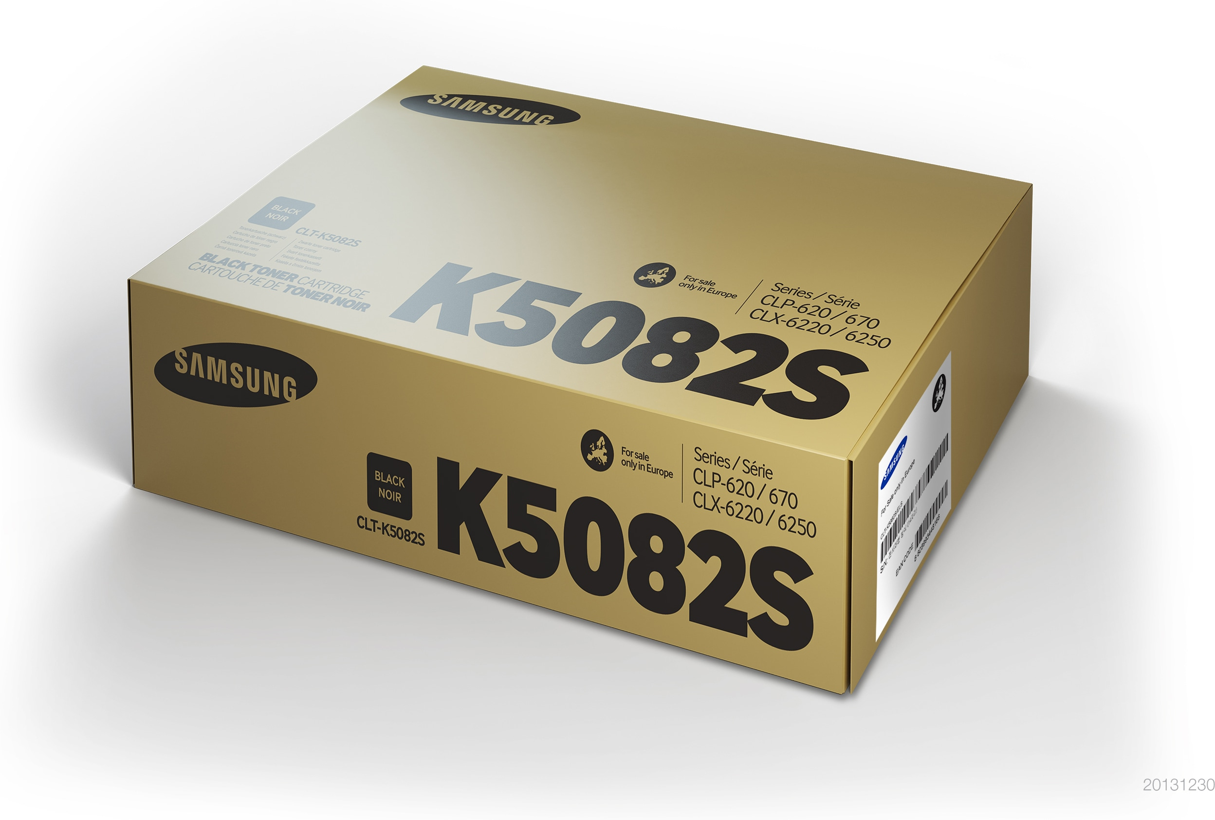 Cartuccia toner nero Samsung K5082S in una scatola dorata. La scatola contiene informazioni sul prodotto.