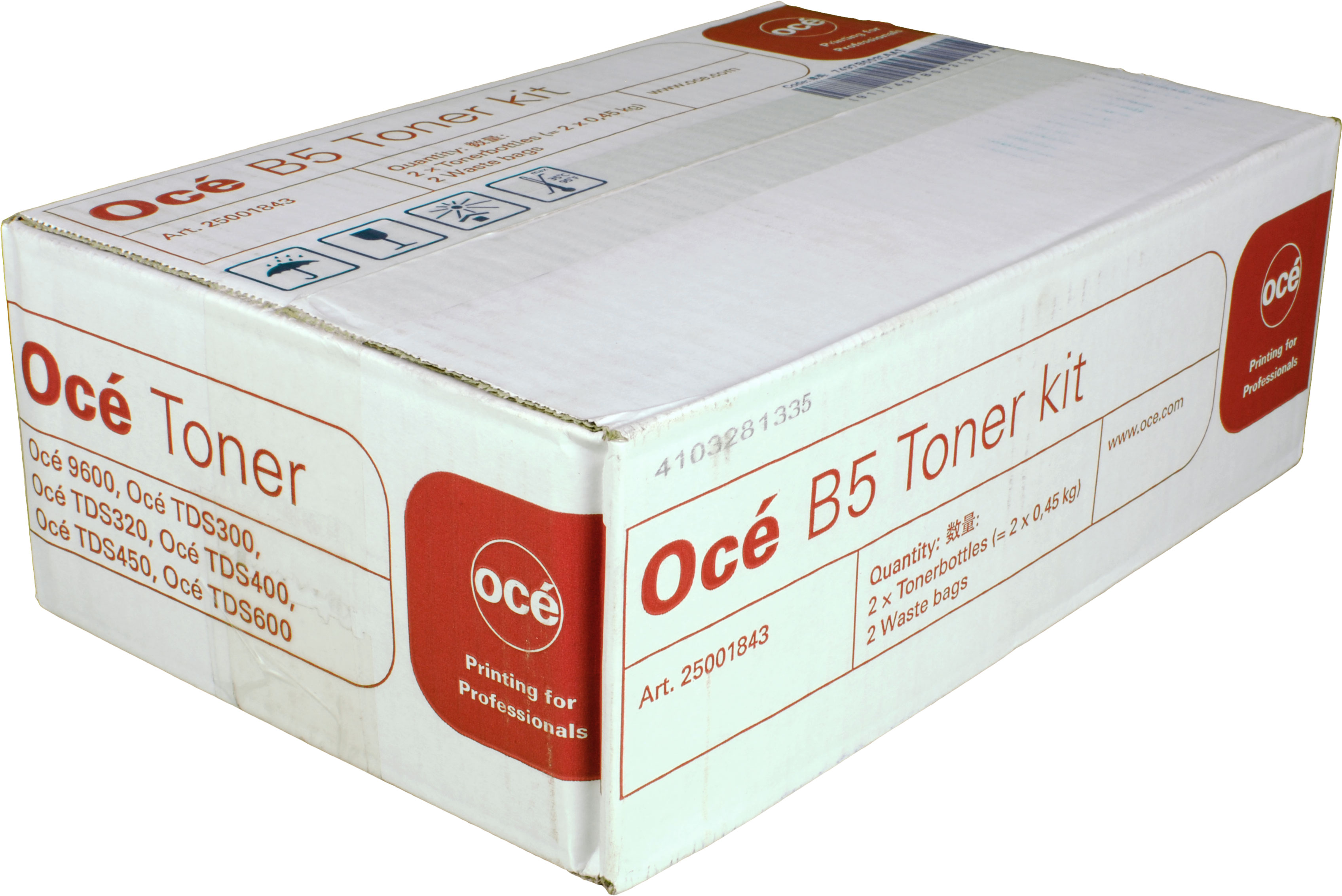 Una scatola bianca con 'Océ Toner kit' e un logo rosso. È una scatola di toner.