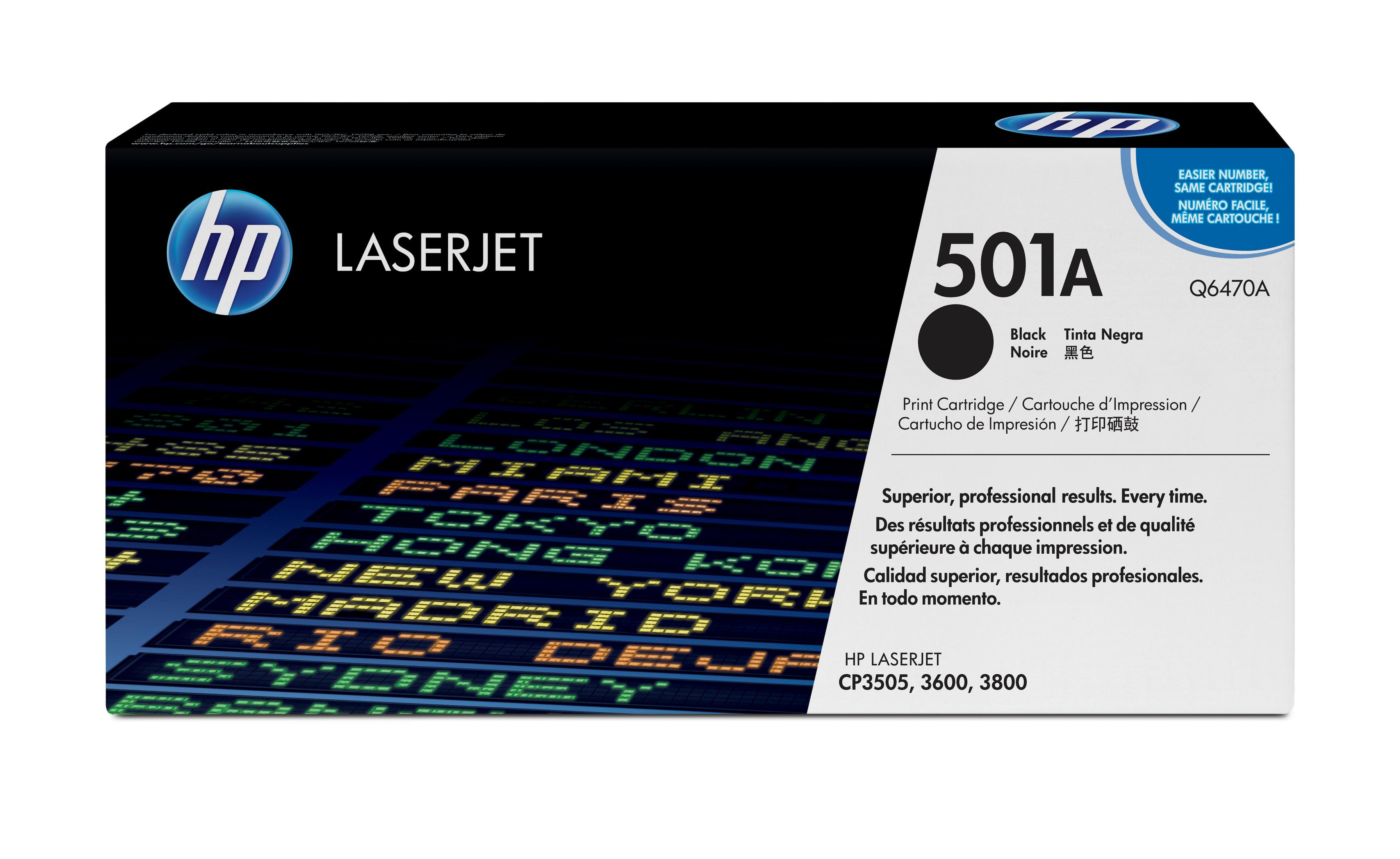 Schachtel der HP LaserJet 501A Schwarz-Druckpatrone mit Text und Flughafen-Hintergrund.