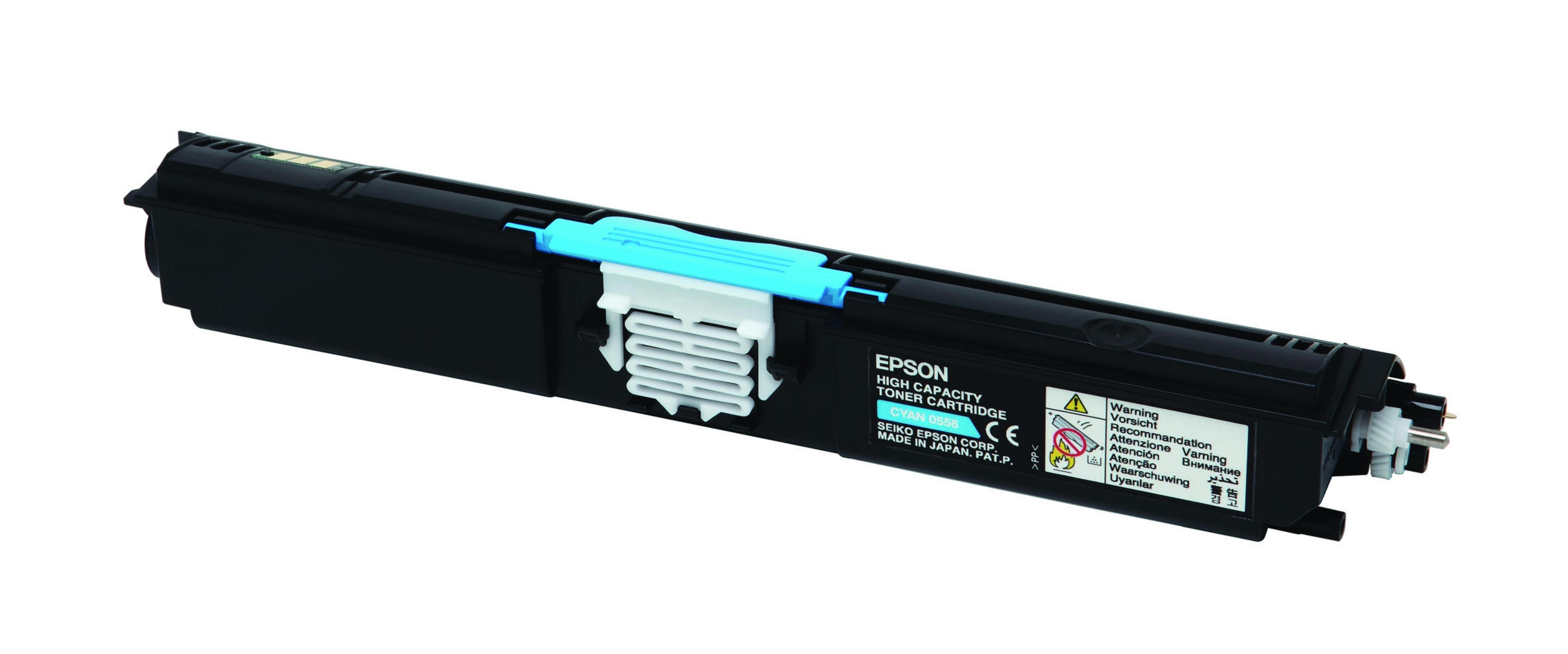 Cartuccia toner Epson nera. Parti azzurro chiaro. Contiene etichette di avvertenza e il logo Epson. Sfondo bianco.