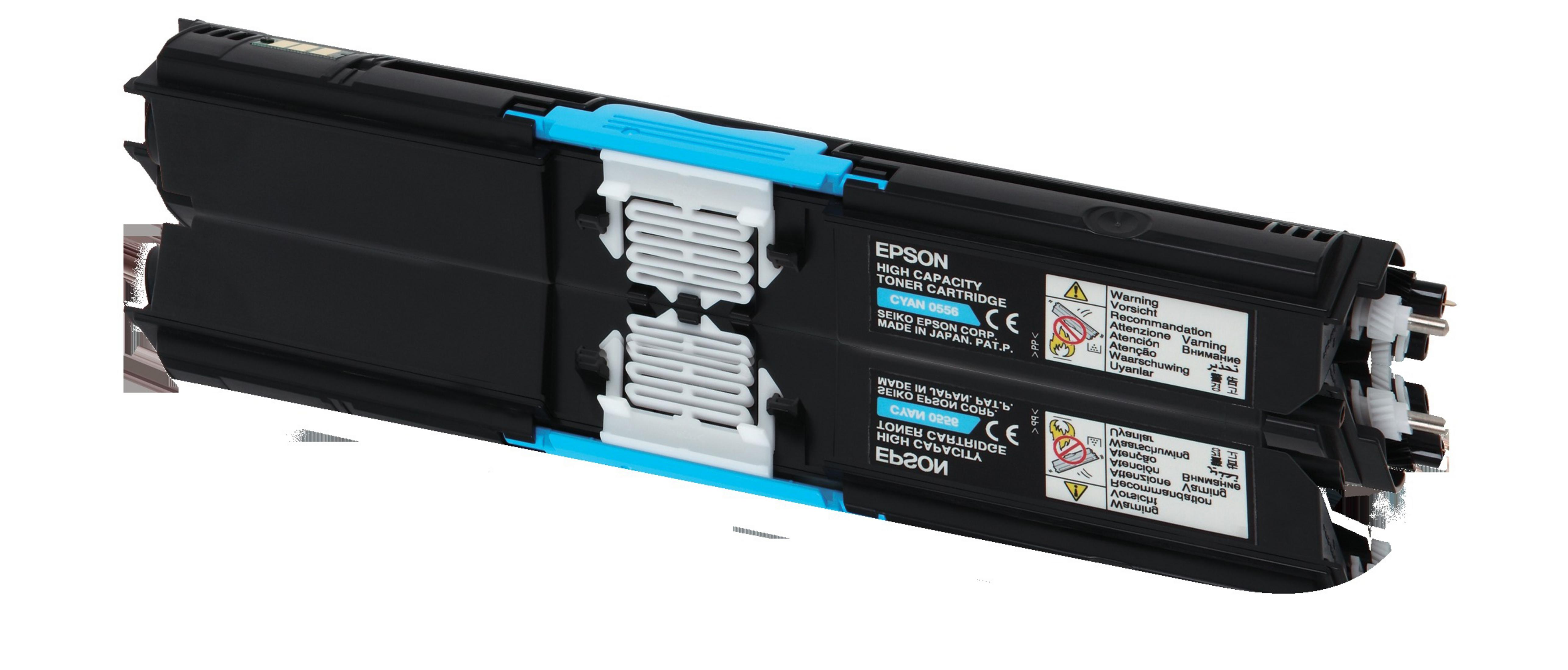 Due cartucce toner Epson nere. Parti azzurro chiaro. Contengono etichette di avvertenza e il logo Epson.