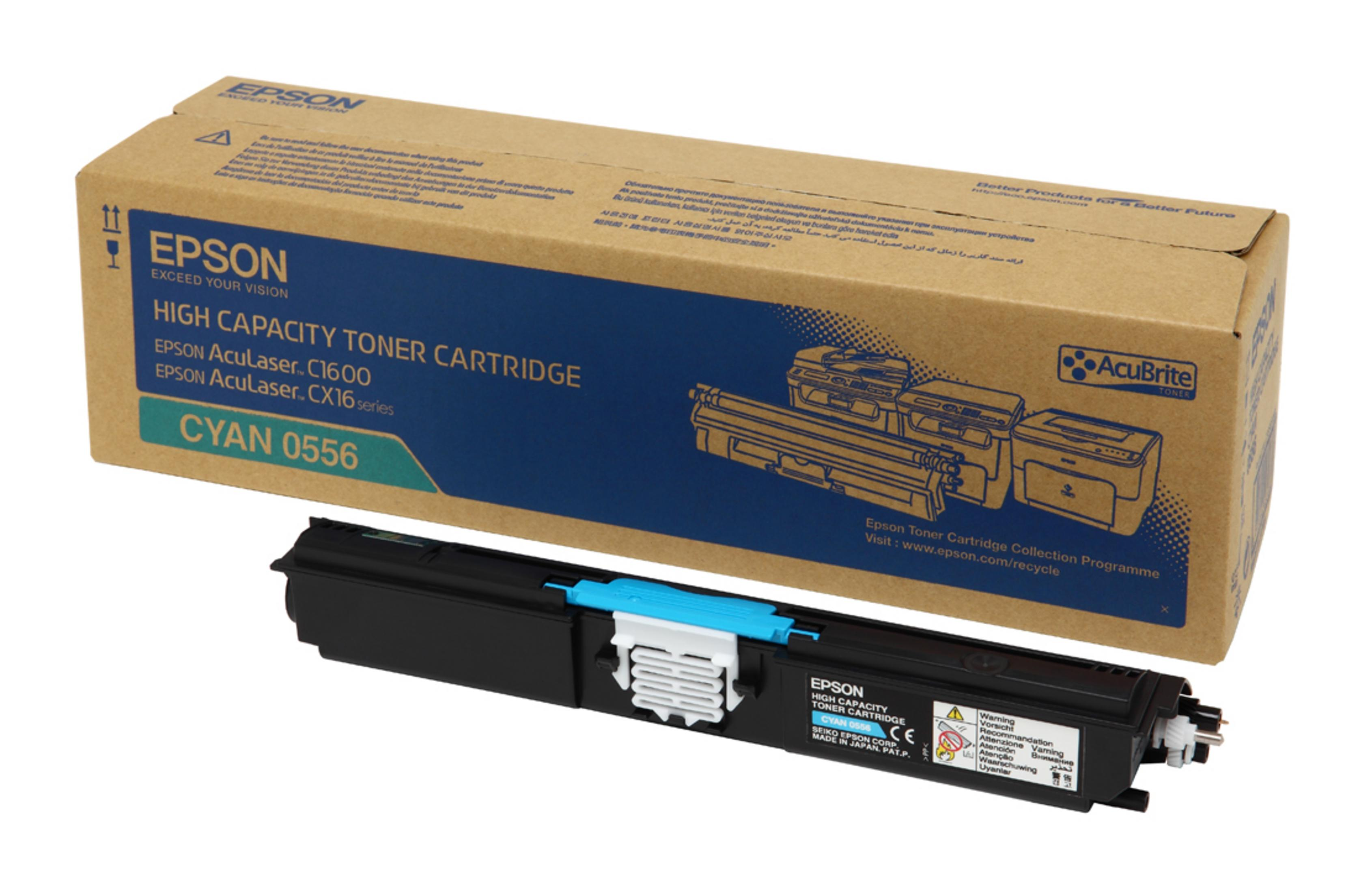 Scatola toner Epson e cartuccia toner ciano. La scatola è marrone con testo blu e bianco. La cartuccia è nera e blu.