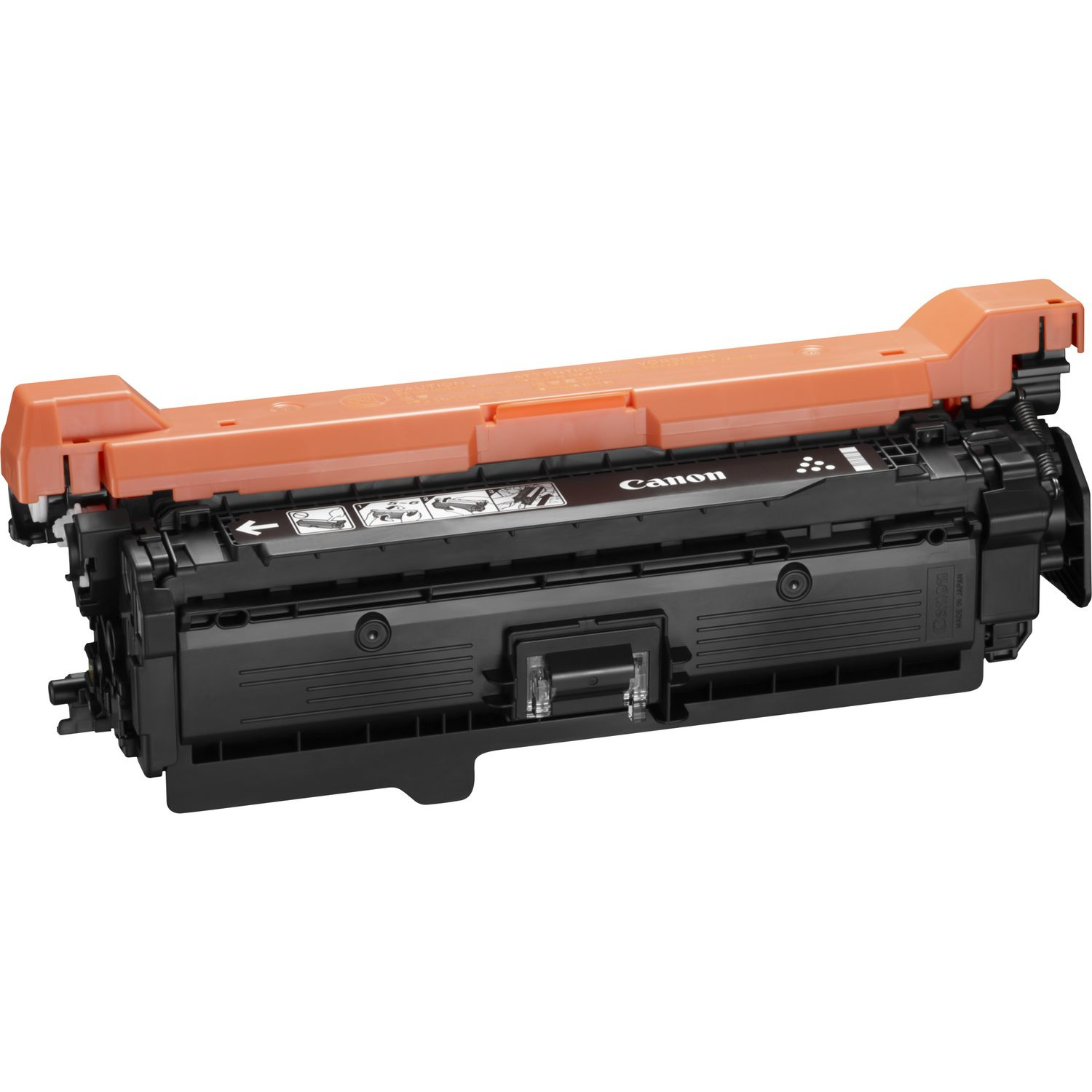 Una cartuccia toner Canon, nera e arancione. La cartuccia è su sfondo bianco.