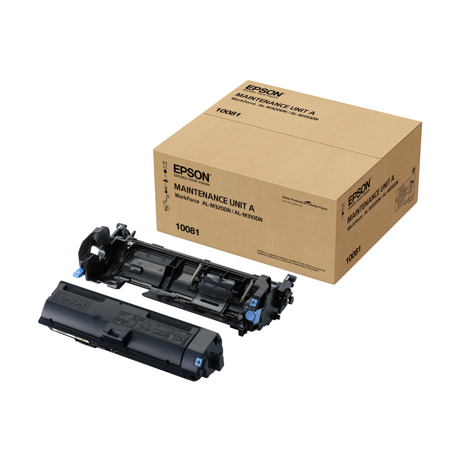 Epson Maintenance Unit doos en een open unit met blauwe onderdelen. Een zwarte toner.