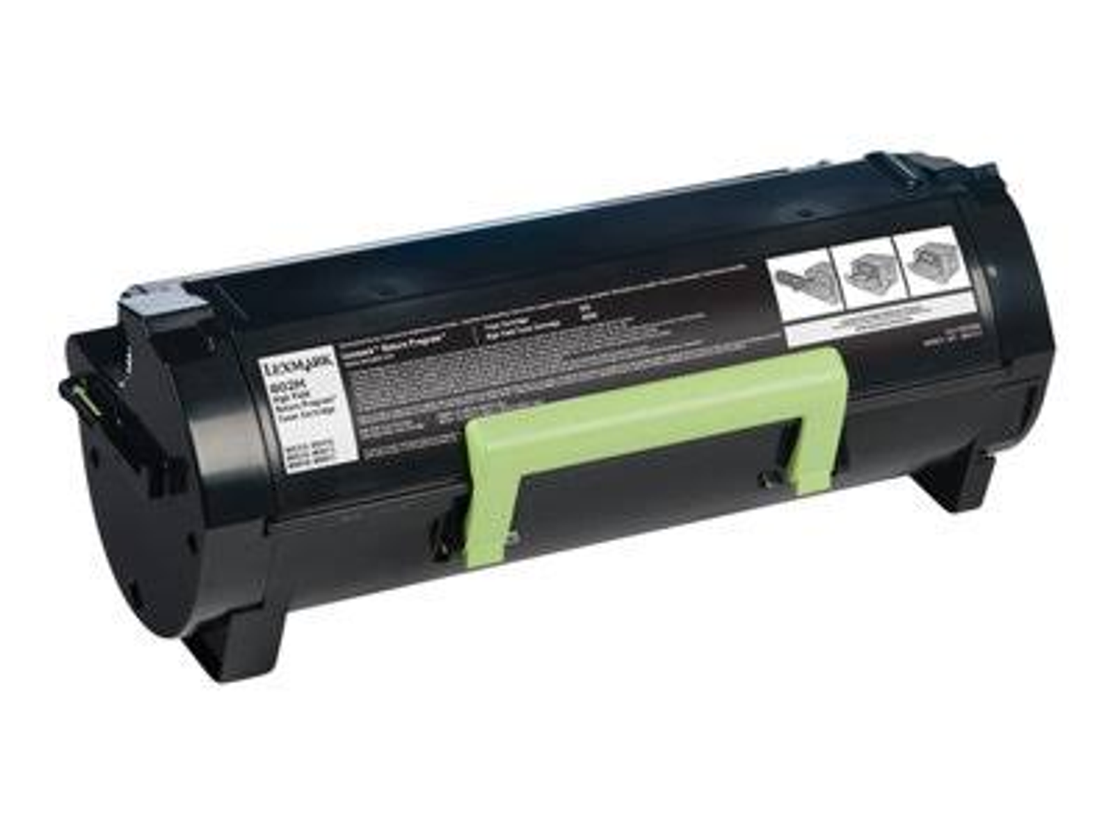 Cartuccia toner nera con maniglia verde. Marchio Lexmark.