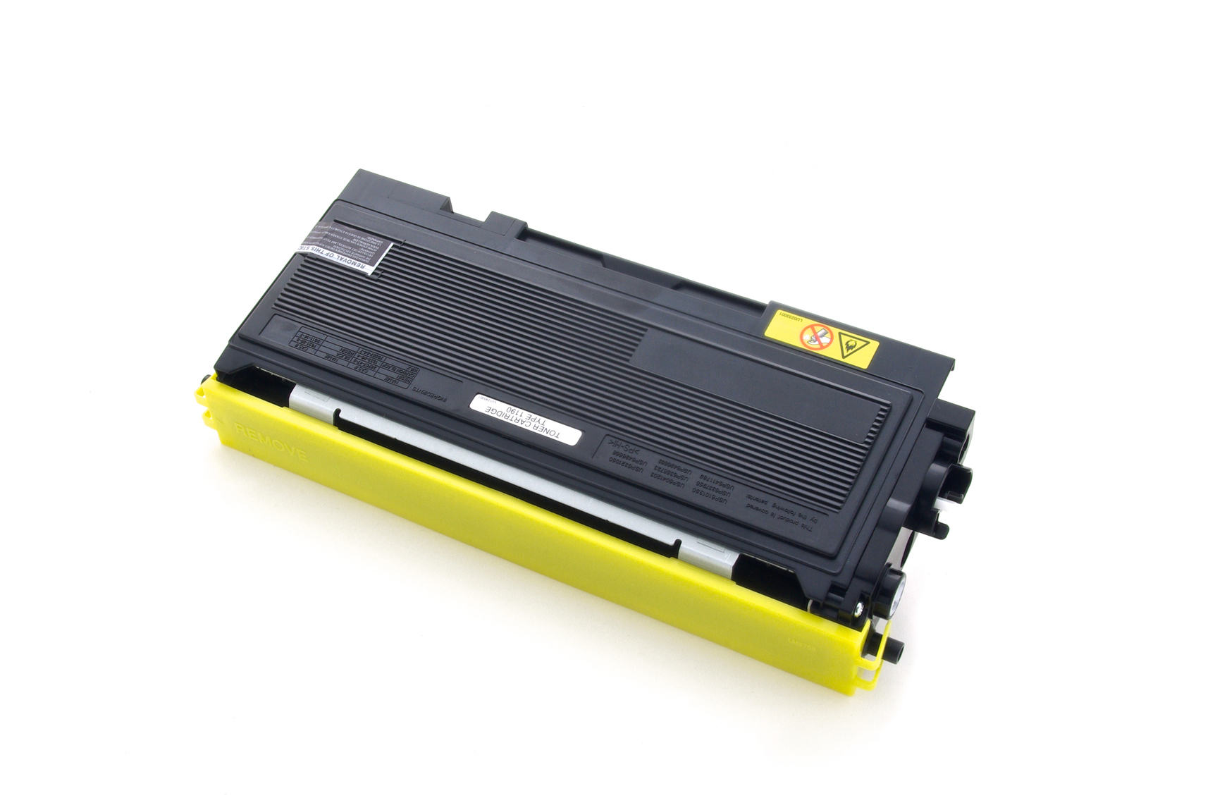 Cartuccia toner gialla su sfondo bianco. La cartuccia è nera e gialla.