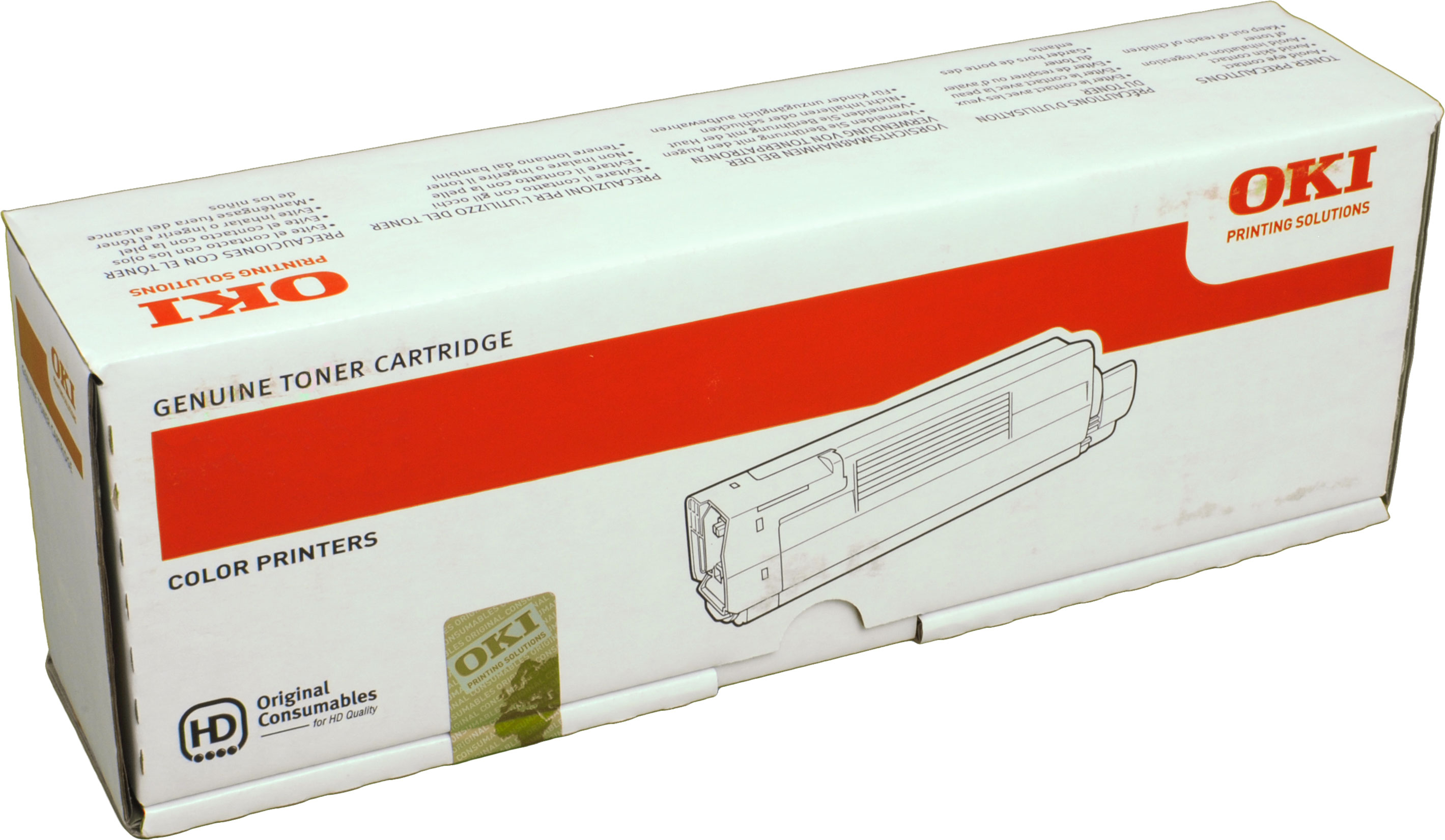 Scatola di cartucce toner OKI bianca e rossa. La scatola ha l'immagine della cartuccia.