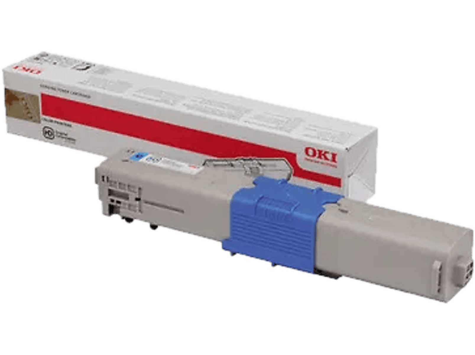 Białe pudełko i niebieski kartridż z tonerem. Tekst na pudełku to OKI i Genuine Toner Cartridge.