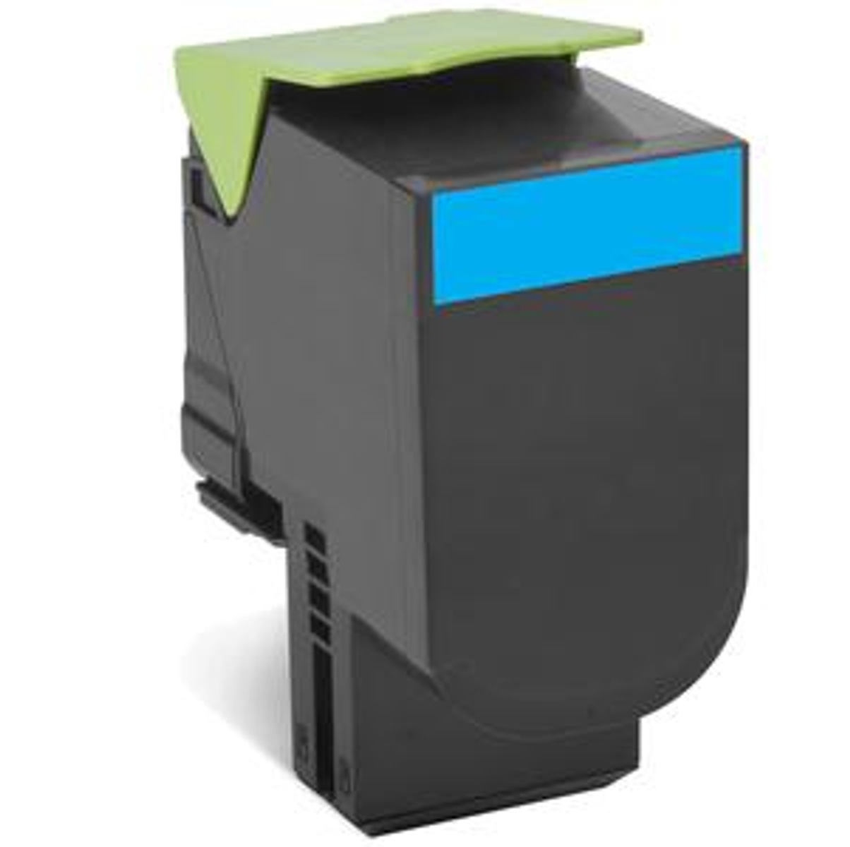 Cartuccia toner nera con una striscia blu e un coperchio verde.