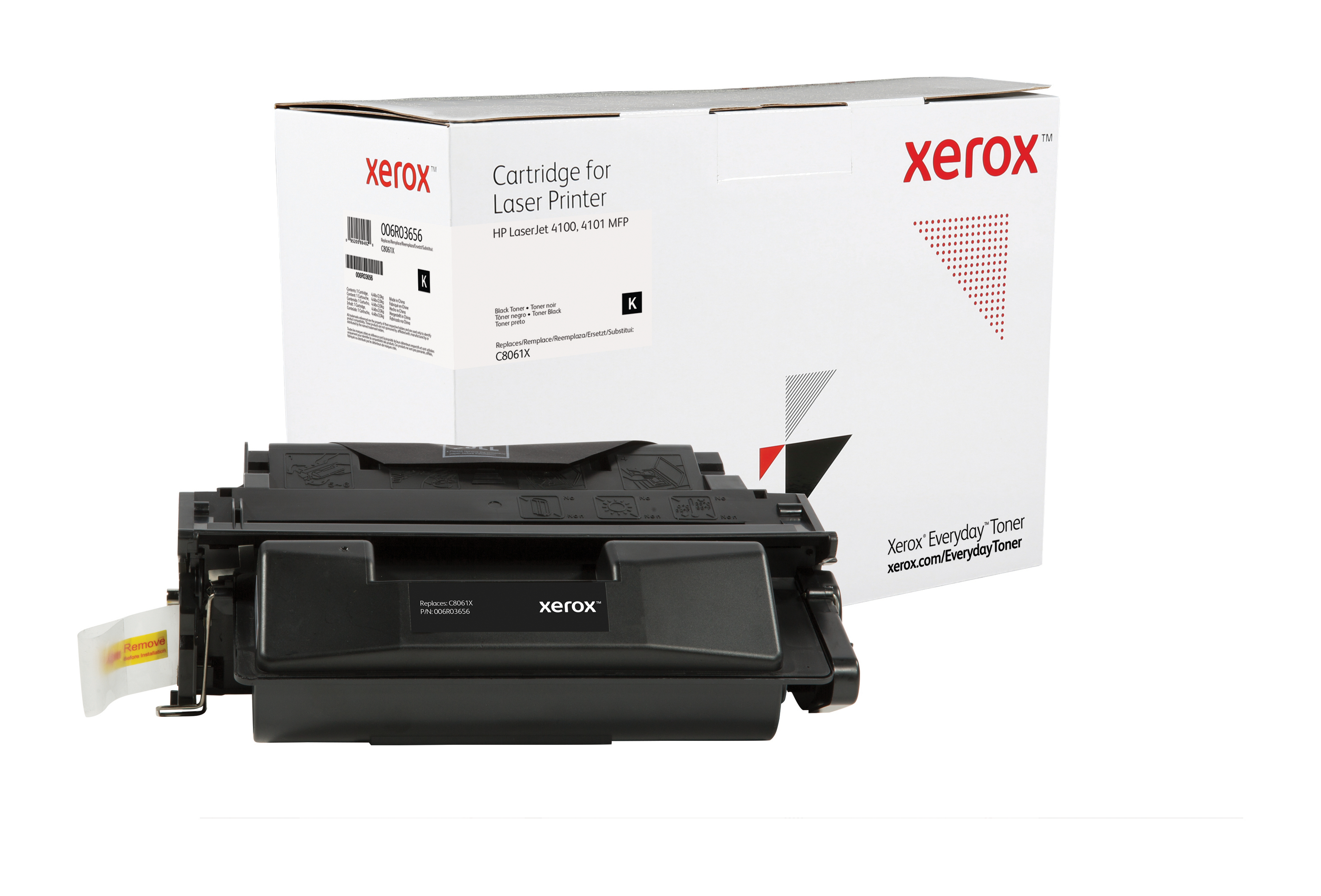 Cartuccia e scatola per stampante laser Xerox nera su sfondo bianco.