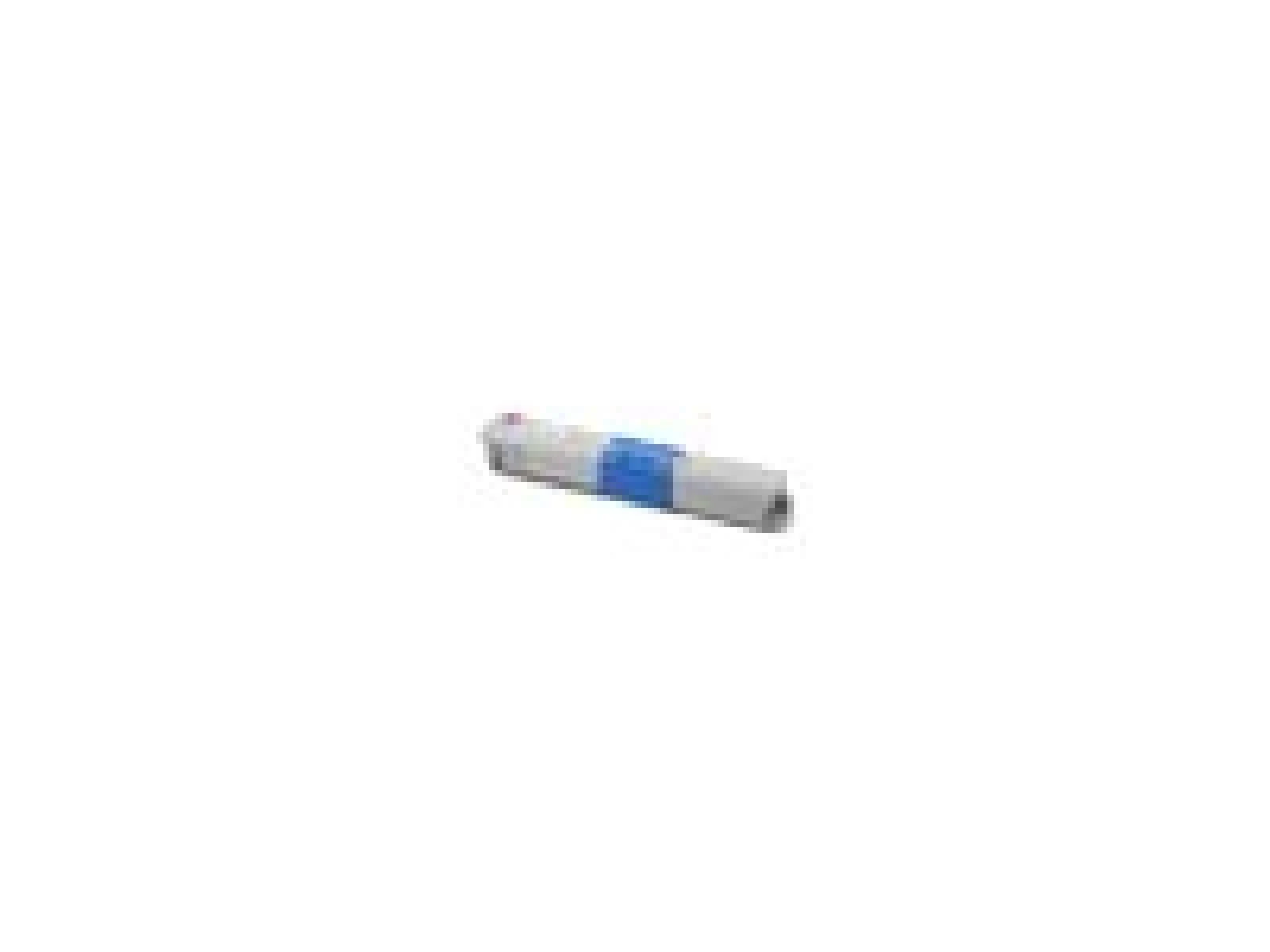 Witte en blauwe tonercartridge op een witte achtergrond.