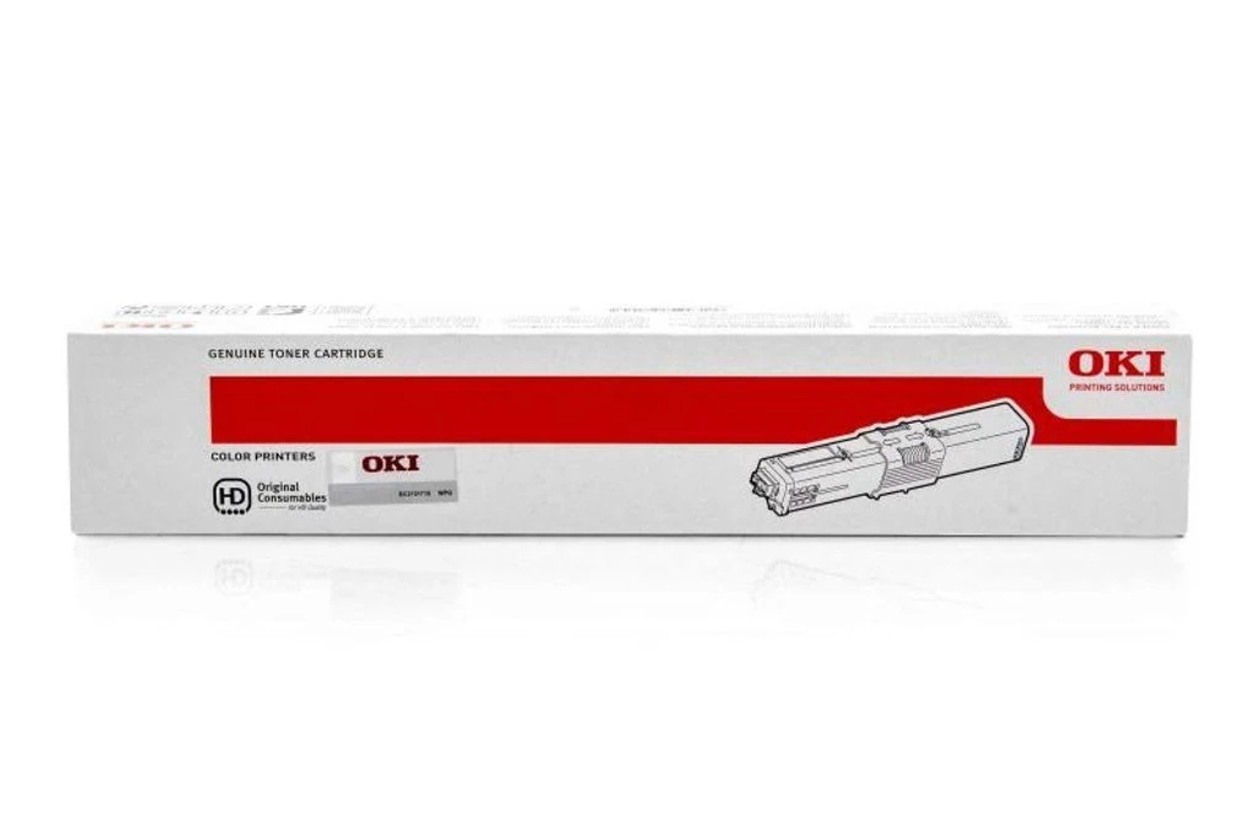 Een OKI tonercartridge doos. De doos is wit met rode details en een afbeelding van een cartridge.