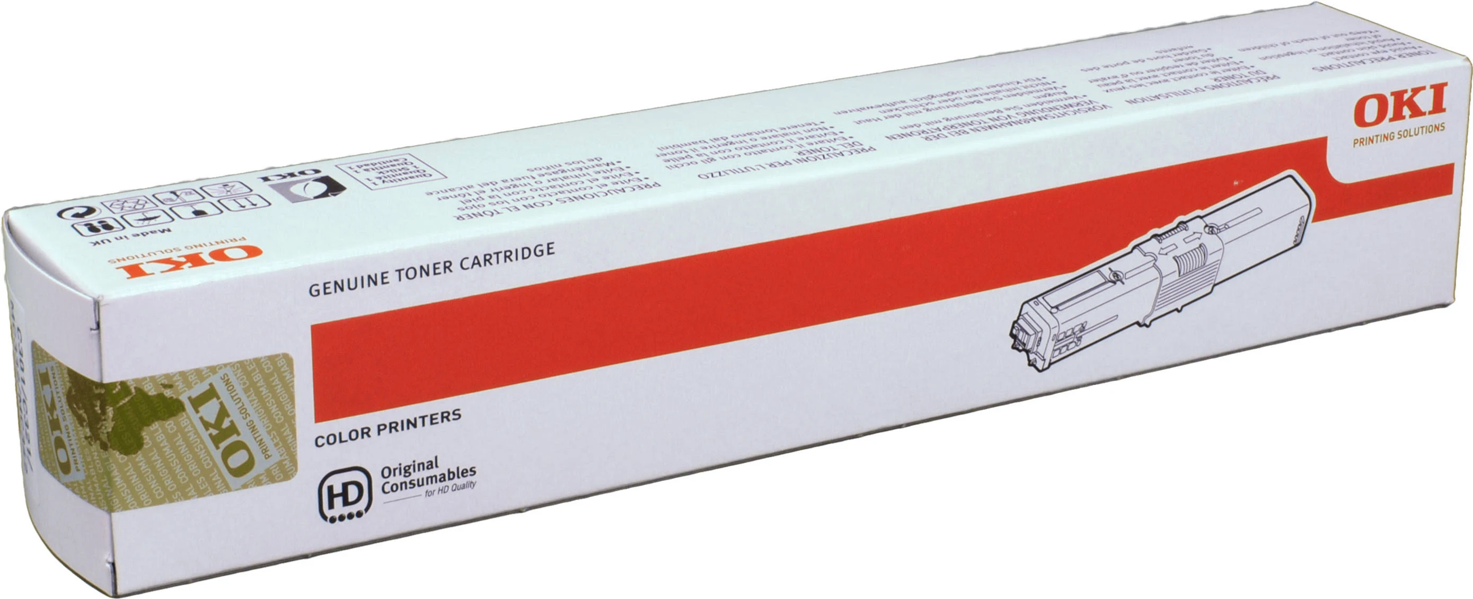 OKI tonercartridge doos, wit en rood, schuin.