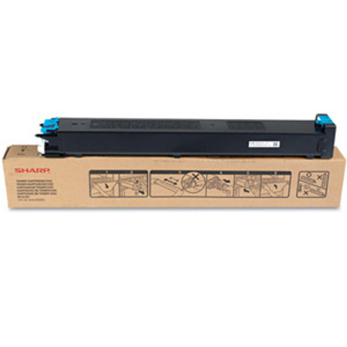 Una cartuccia toner nera con accenti blu e una scatola marrone su sfondo bianco.