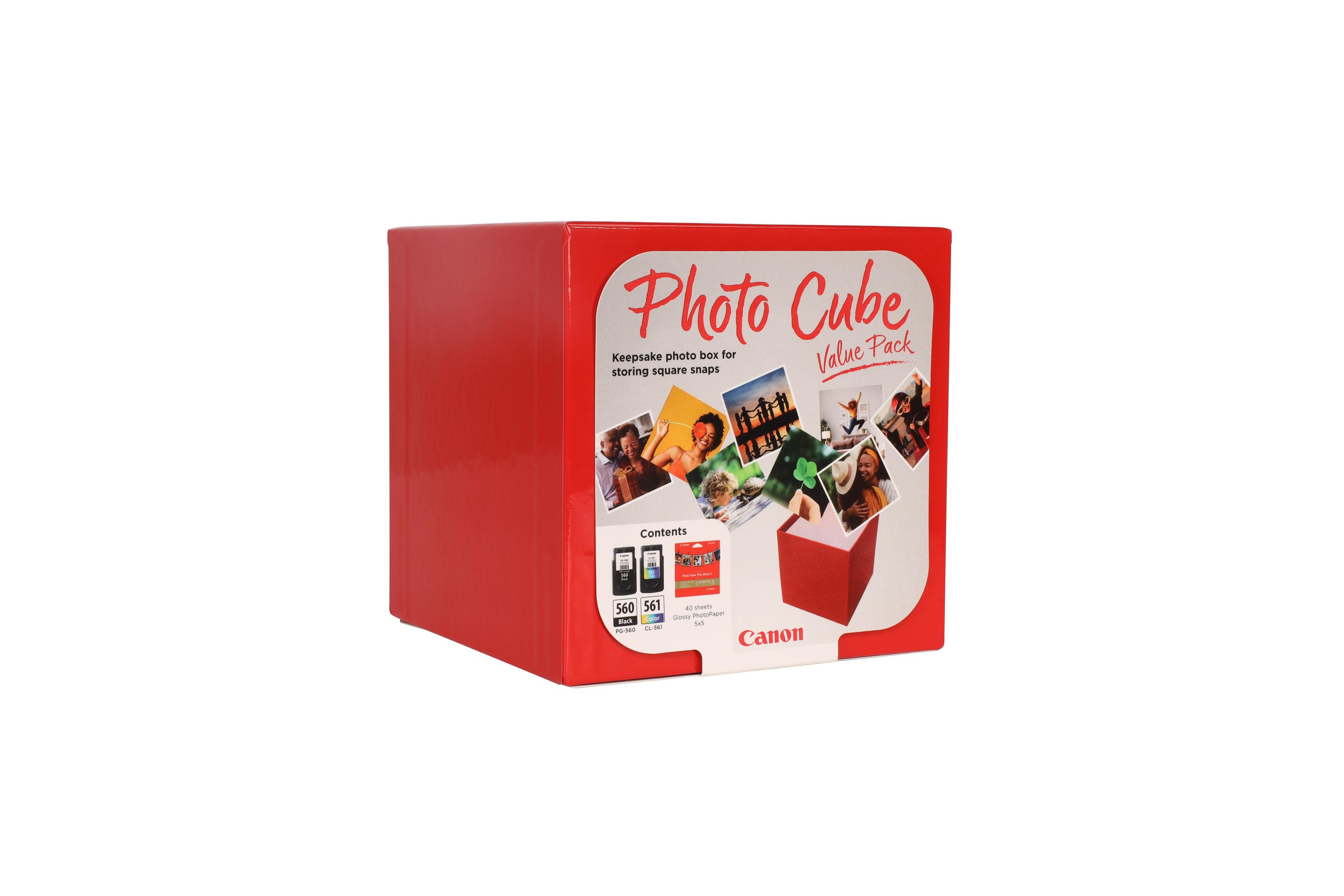 Red Photo Cube box with pictures, Canon logo, and text. It's a keepsake photo box for square snaps.