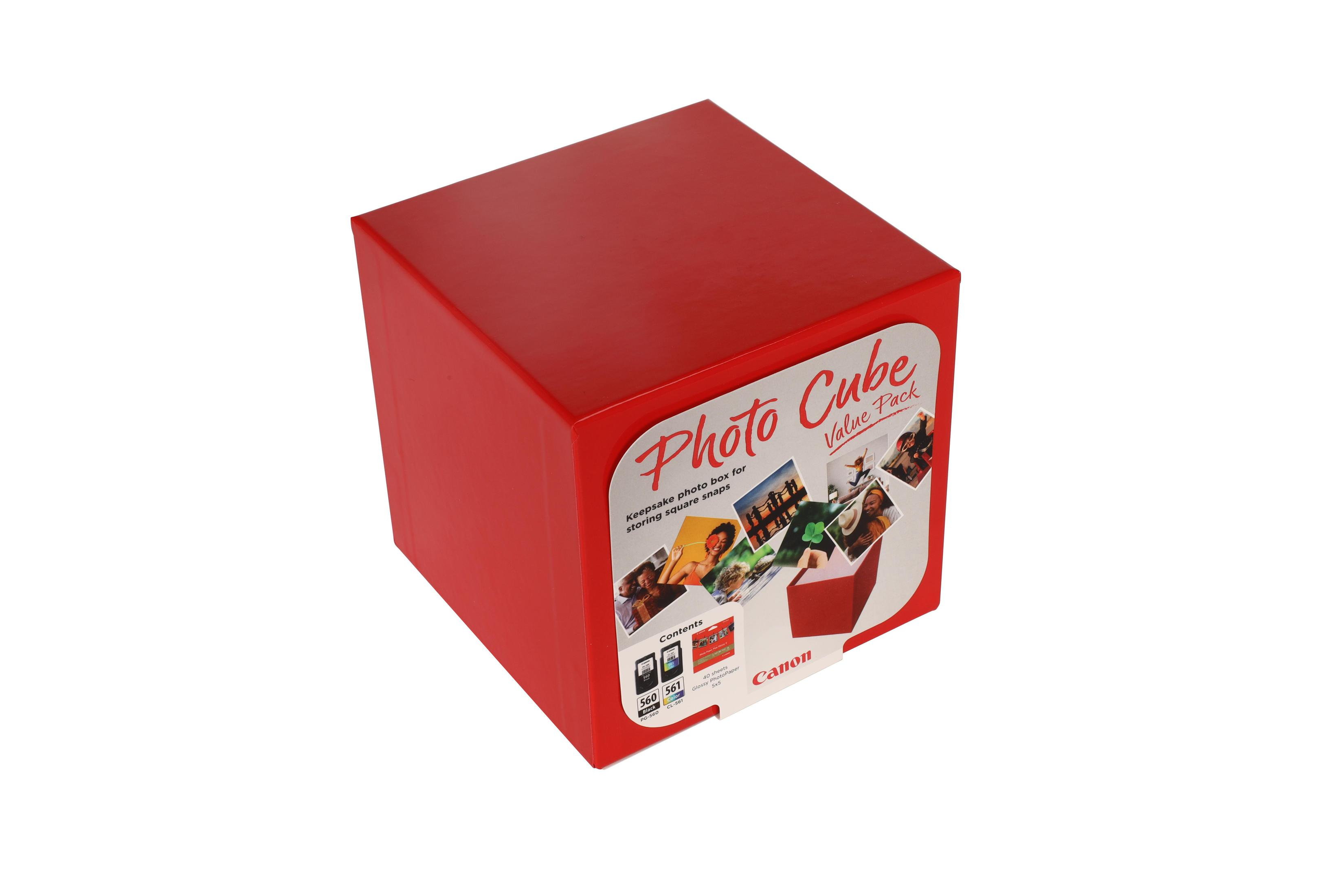 Red Photo Cube box with pictures, Canon logo, and text. It's a keepsake photo box for square snaps.