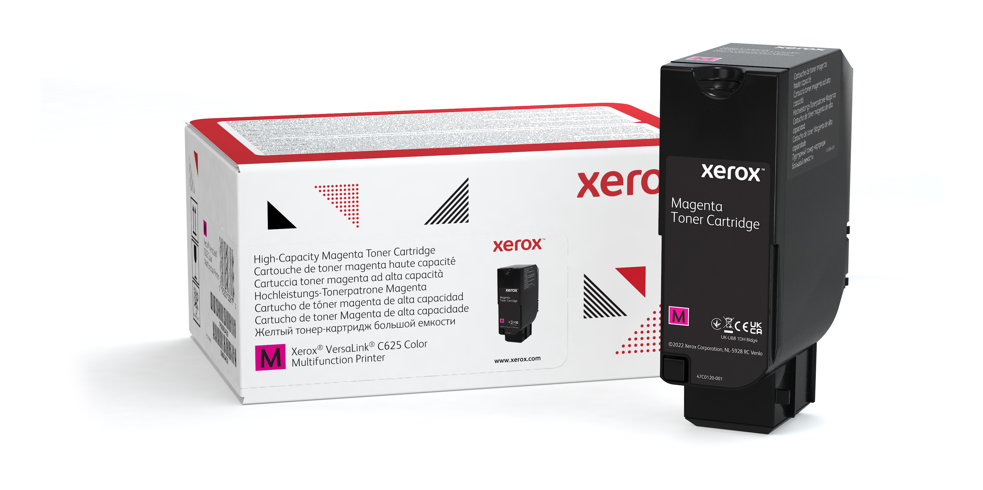 Magenta tonercartridge met een doos. De doos en cartridge hebben magenta en zwarte kleuren.