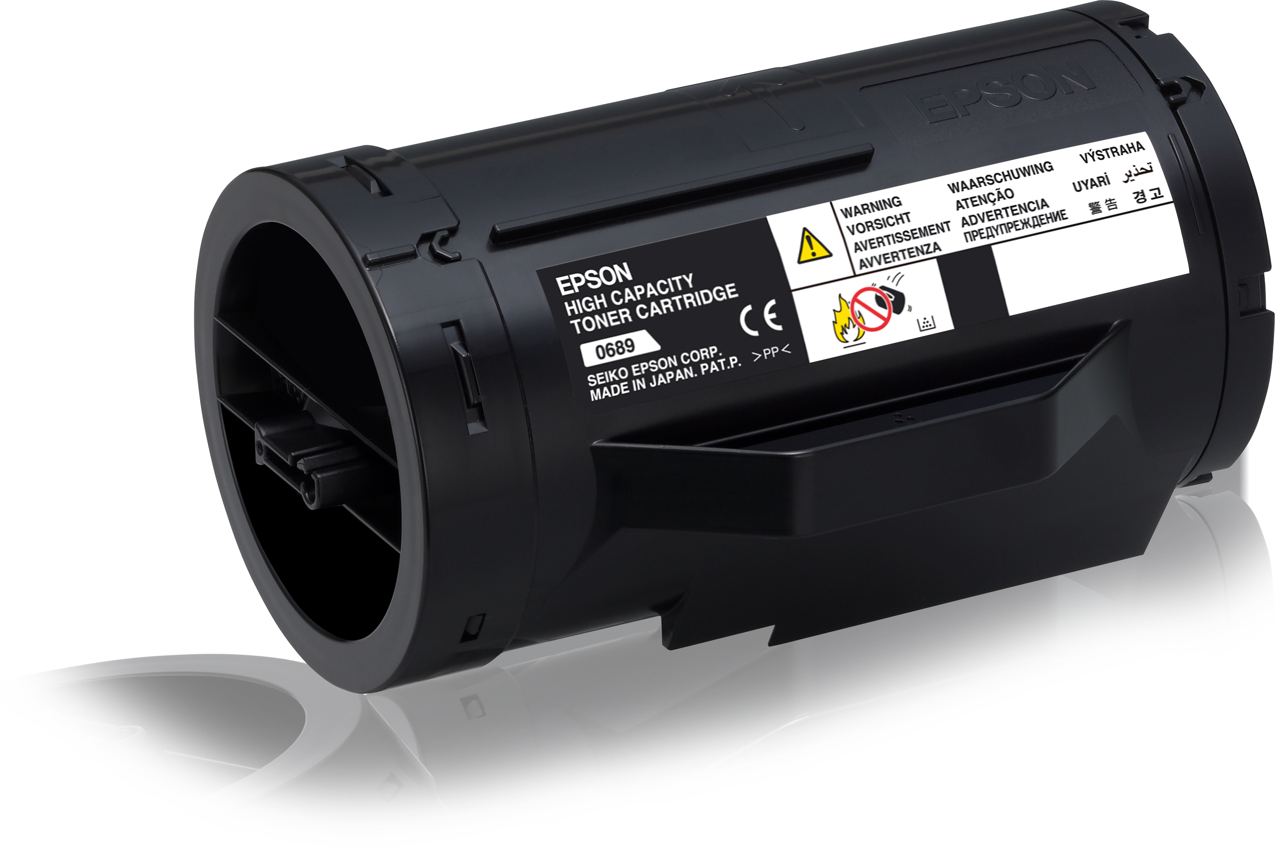 Cartuccia toner nero Epson su superficie bianca.