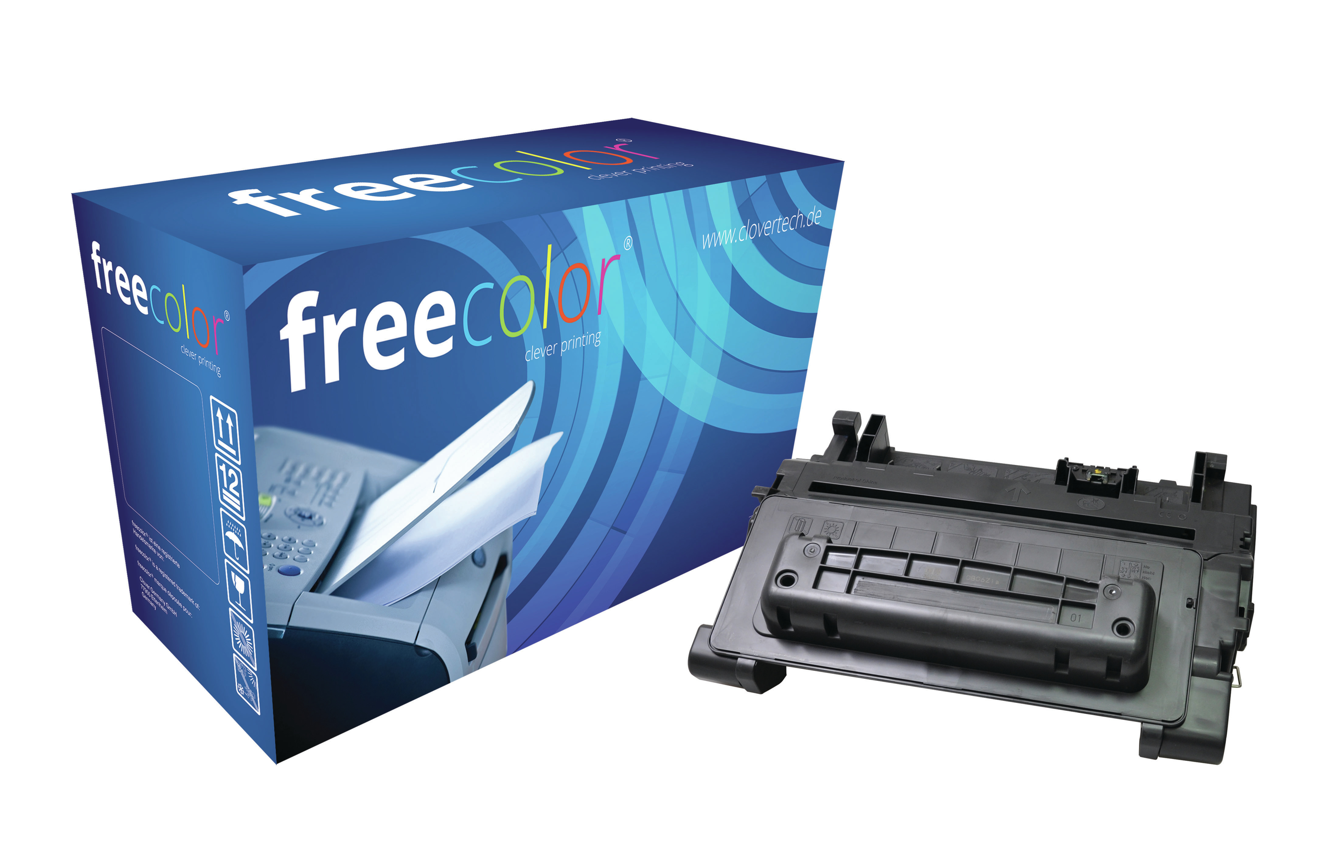 Una caja azul y blanca con un cartucho de impresora negro. La caja tiene la marca "freecolor".
