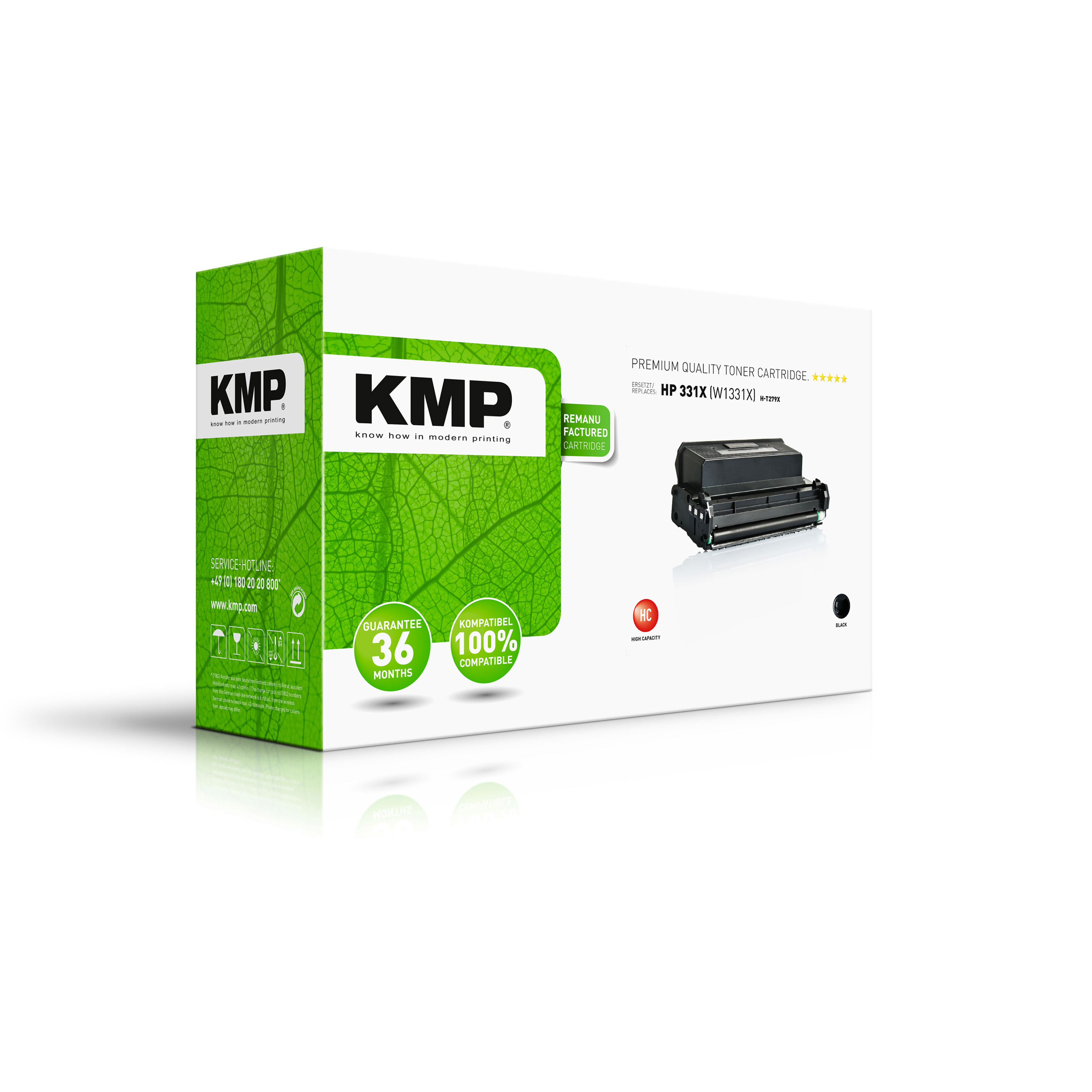 Scatola della cartuccia toner nera KMP. Ha il logo KMP e mostra un'immagine della cartuccia.