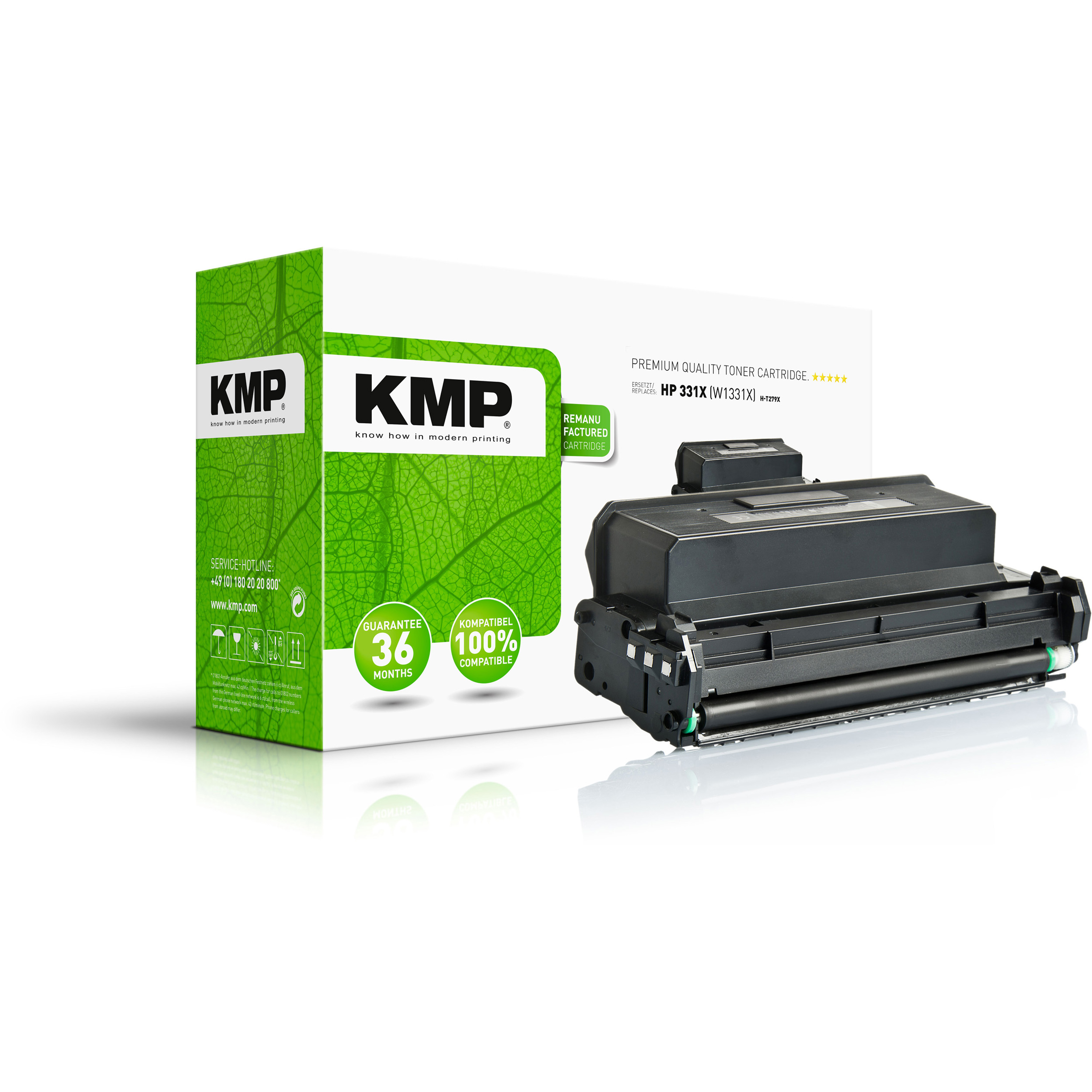 Cartuccia toner KMP con scatola. Cartuccia nera, scatola verde e bianca con design a foglie.