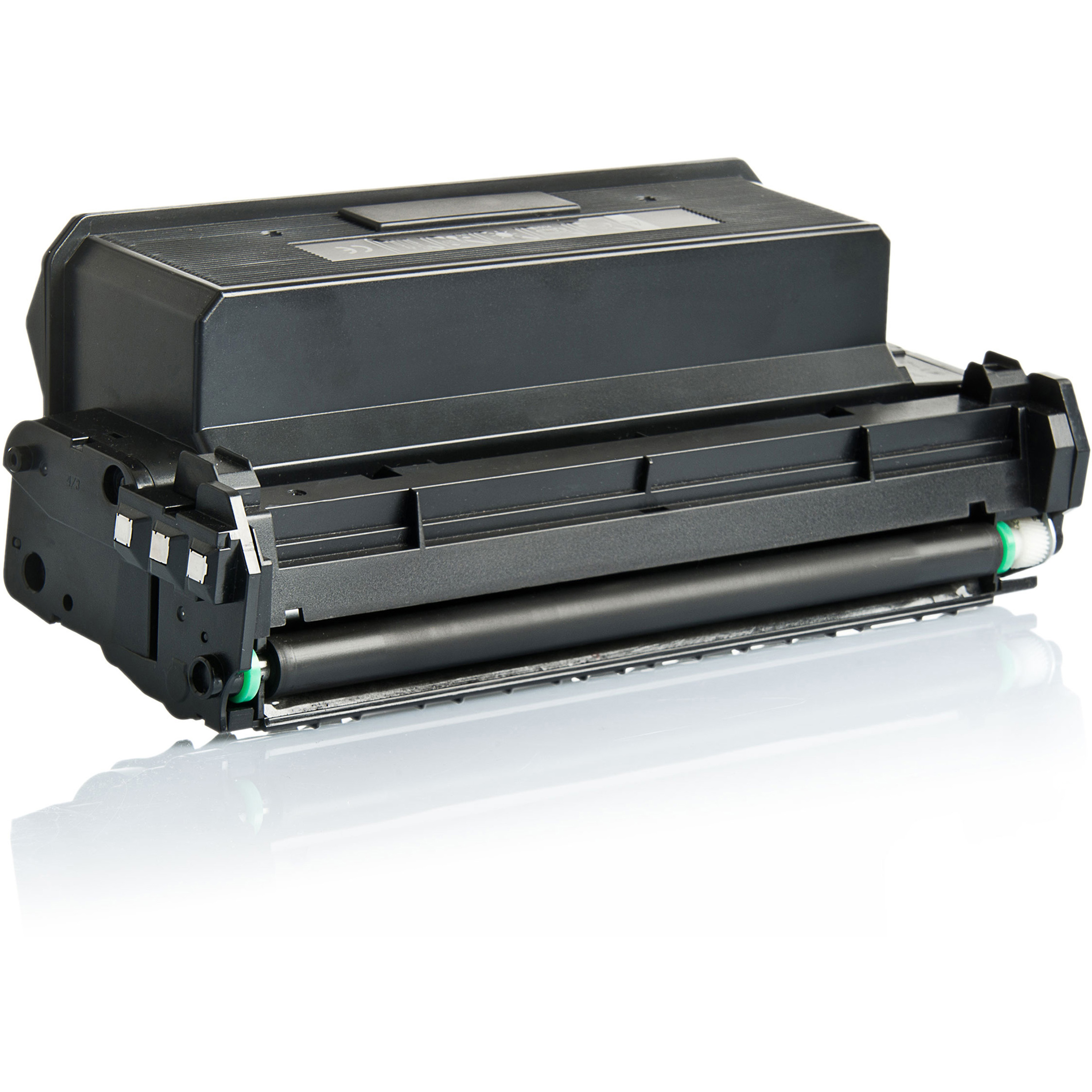 Una cartuccia toner nera con un rullo verde.