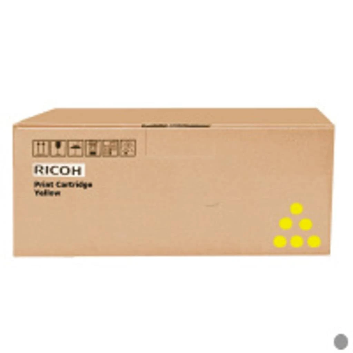 Brązowe pudełko z napisem 'RICOH Print Cartridge Yellow' i żółtymi kropkami.