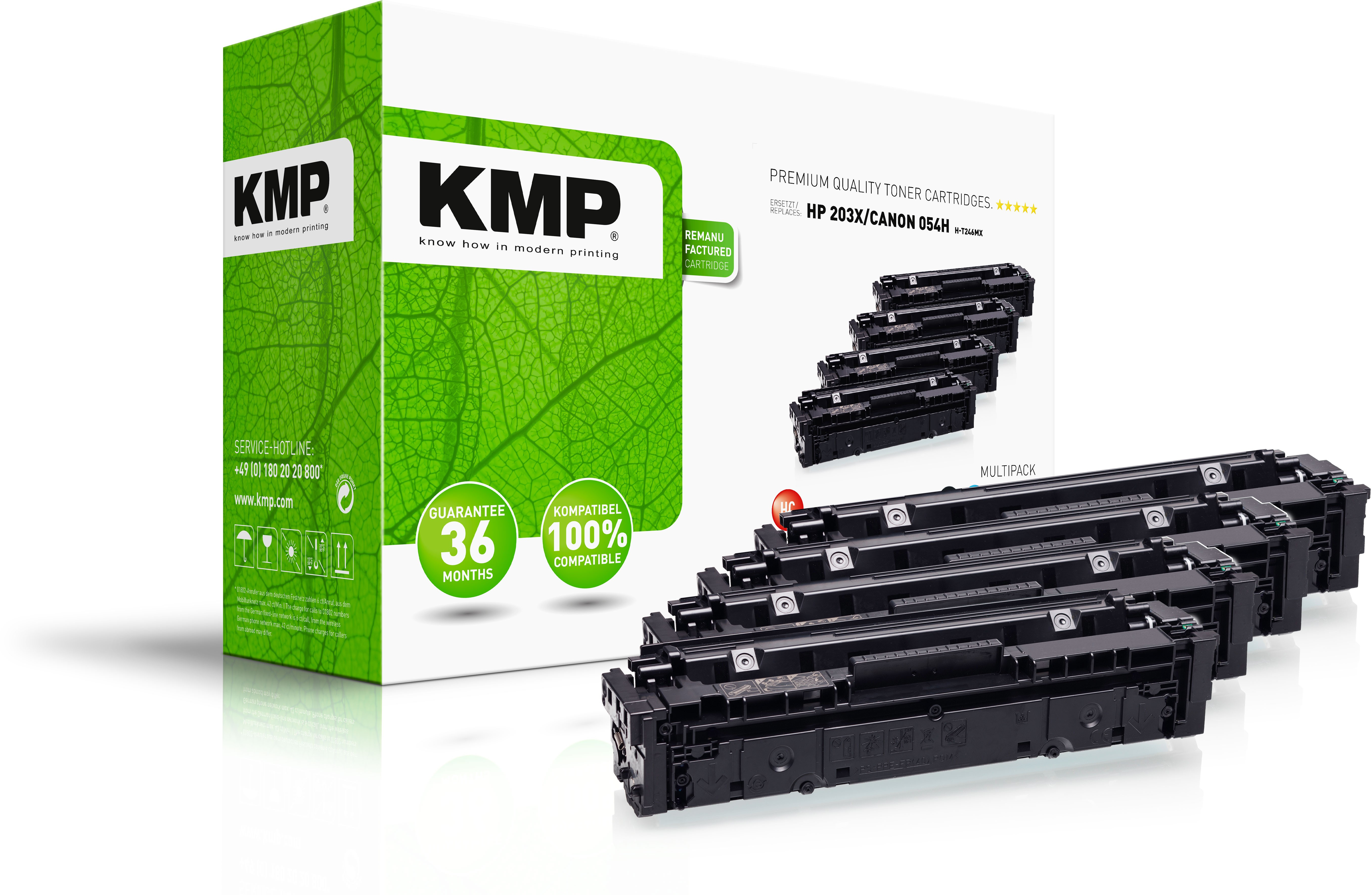 Una scatola bianca e verde con il logo KMP e una fila di cartucce toner nere. La scatola ha 'KMP'.
