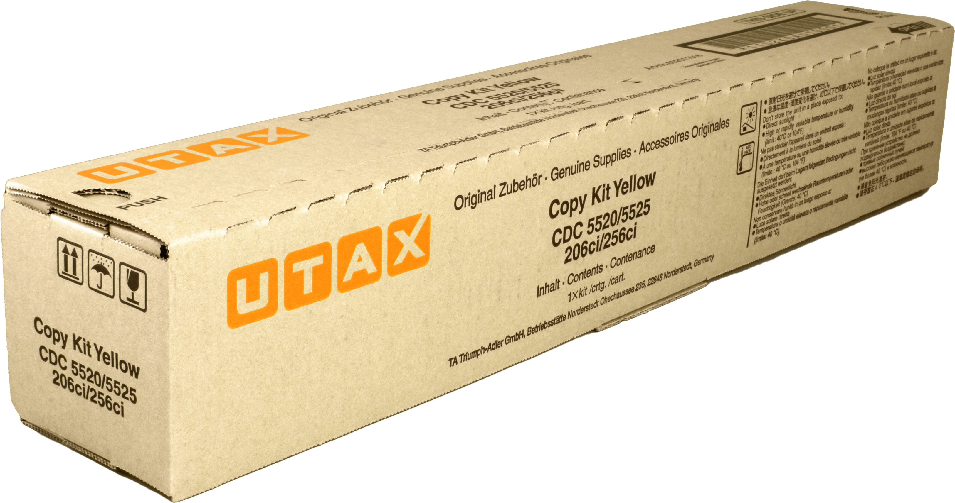 Scatola UTAX Copy Kit Yellow. La scatola è beige con informazioni sul prodotto e il logo UTAX.