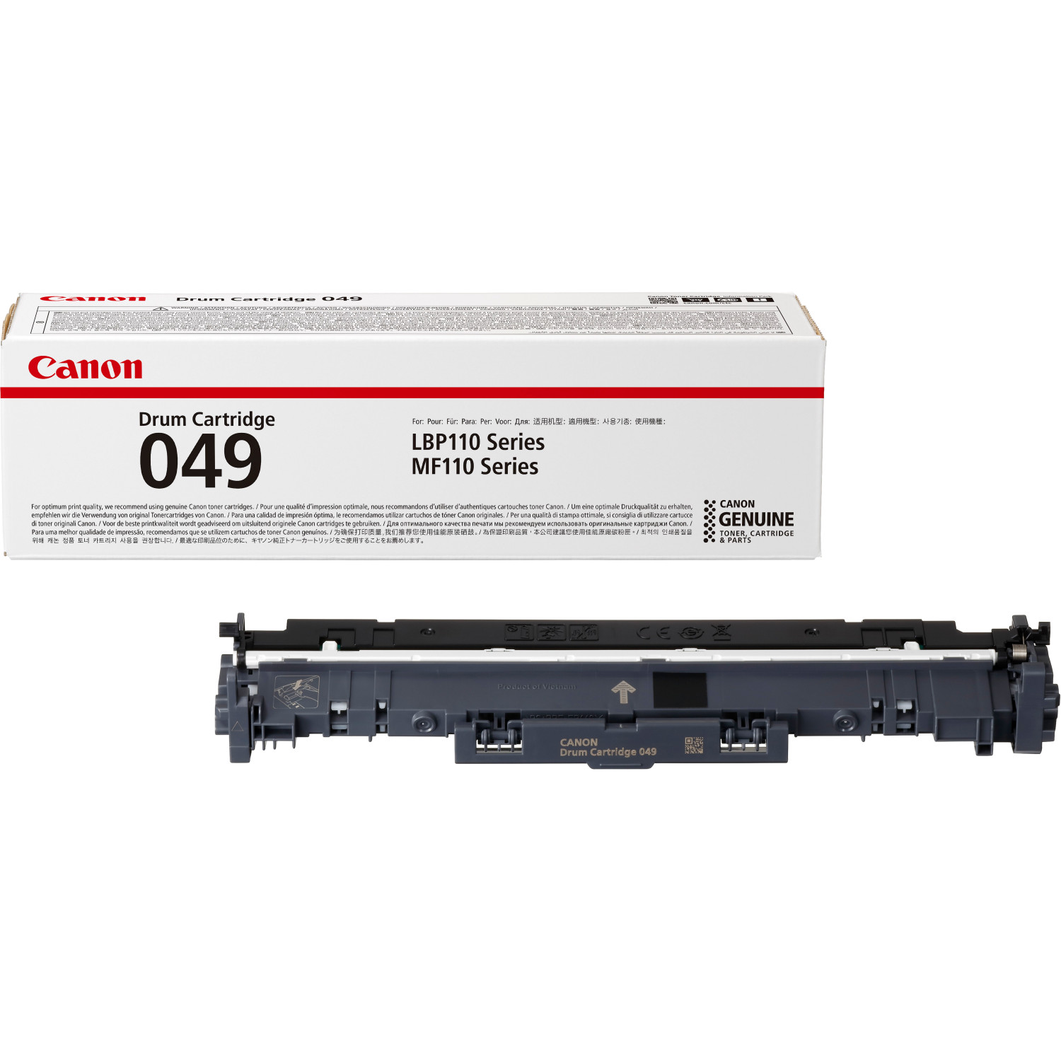 Canon drum cartridge and box. Dark grey cartridge, white box with red Canon logo and text.
