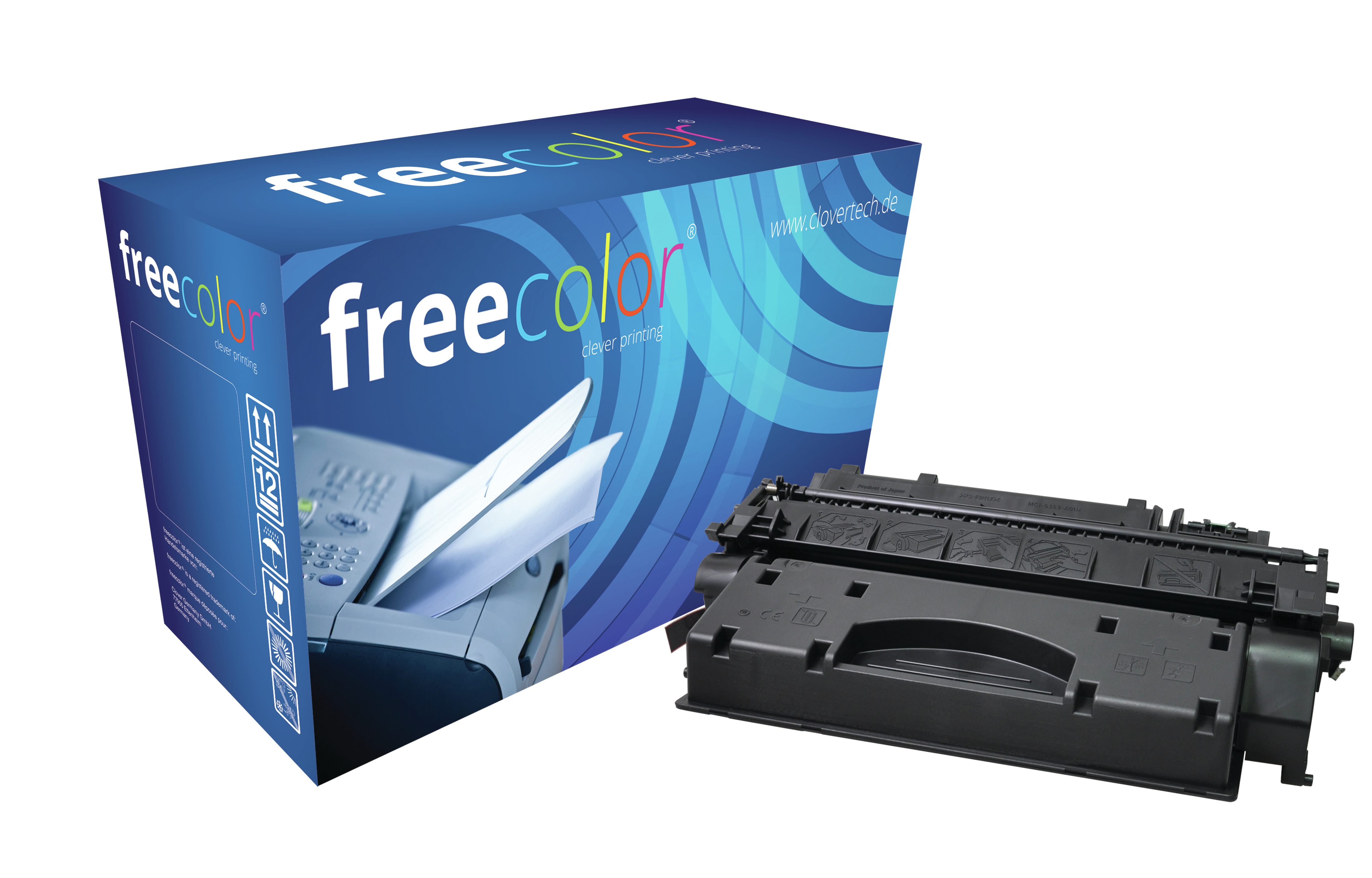 Una scatola blu e una cartuccia toner nera. La scatola ha 'freecolor'. La cartuccia è a destra.