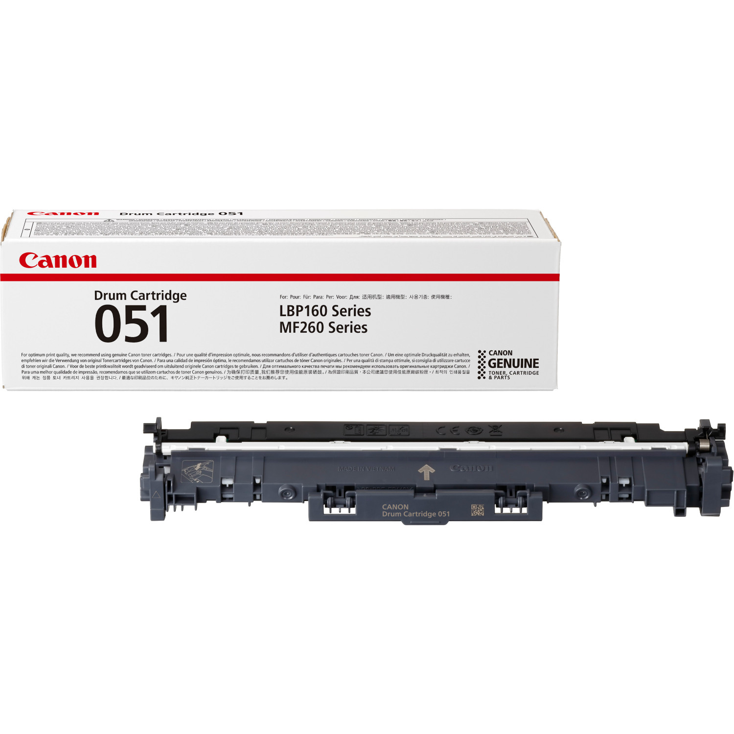A box of Canon Drum Cartridge 051, next to a black toner cartridge.
