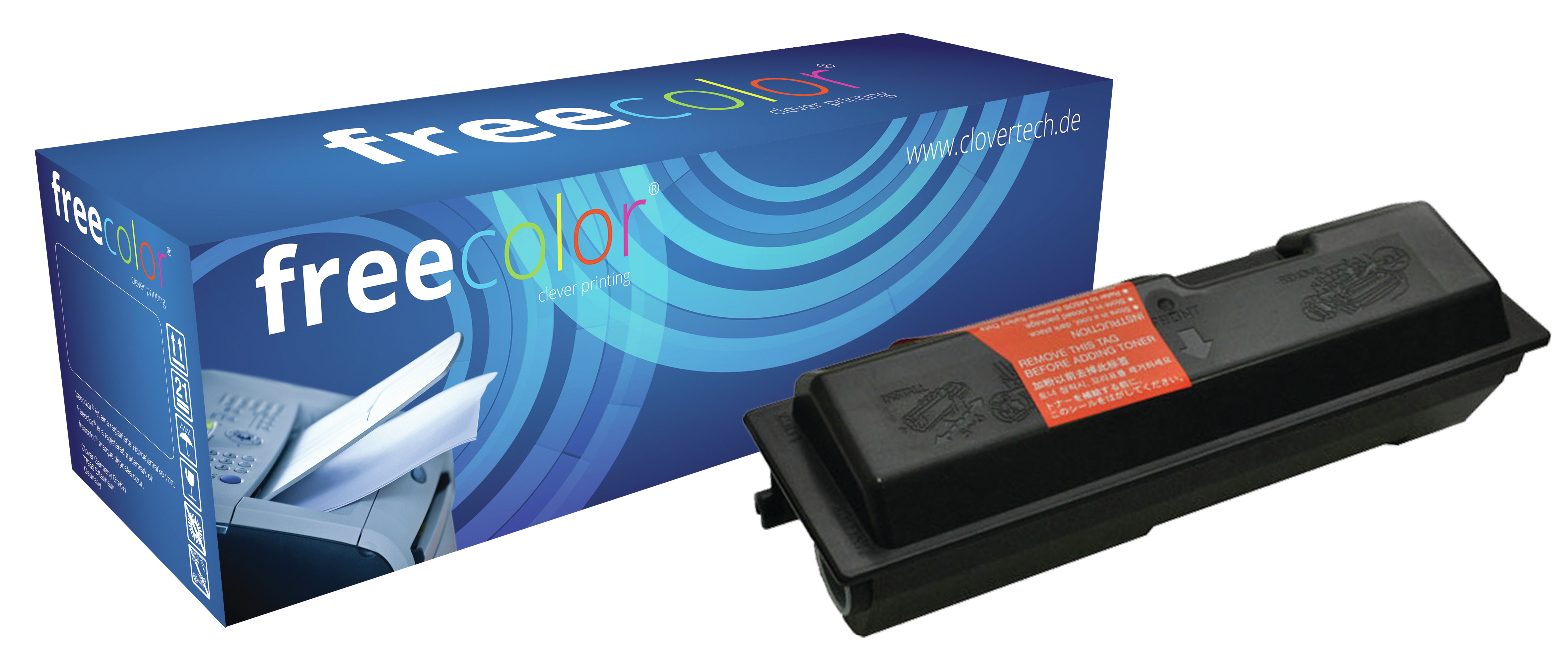 Wkład z tonerem i jego pudełko. Pudełko jest niebieskie z białym tekstem. Wkład jest czarny.