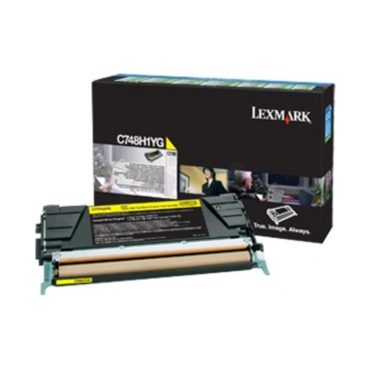 Cartuccia toner Lexmark e scatola su sfondo bianco.