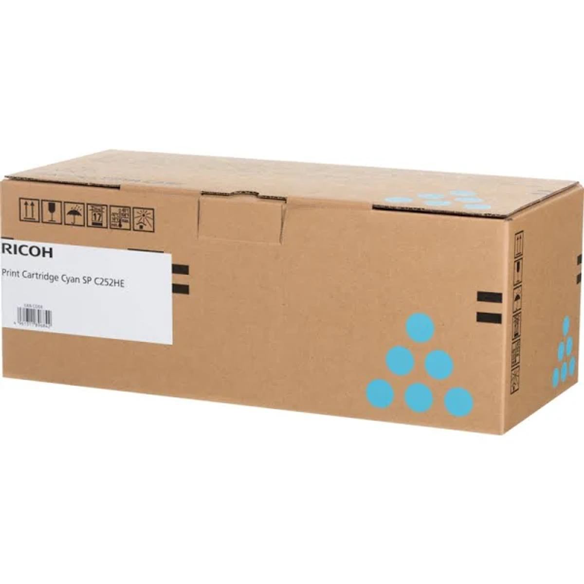 Karton z napisem 'RICOH Print Cartridge Cyan SP C252HE'.