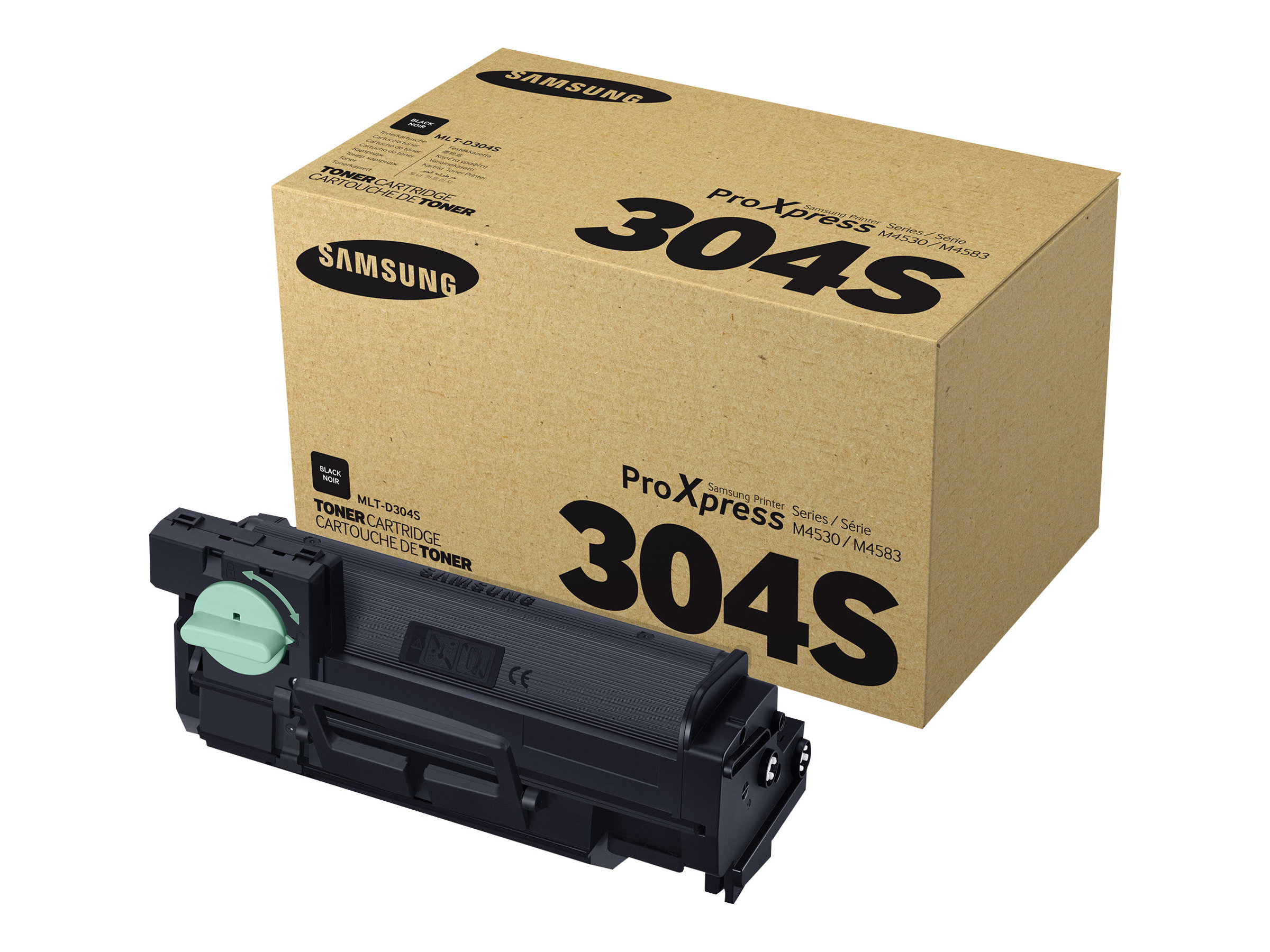 Brązowe pudełko z napisem 'SAMSUNG' i '304S'. Z przodu czarno-zielony toner.